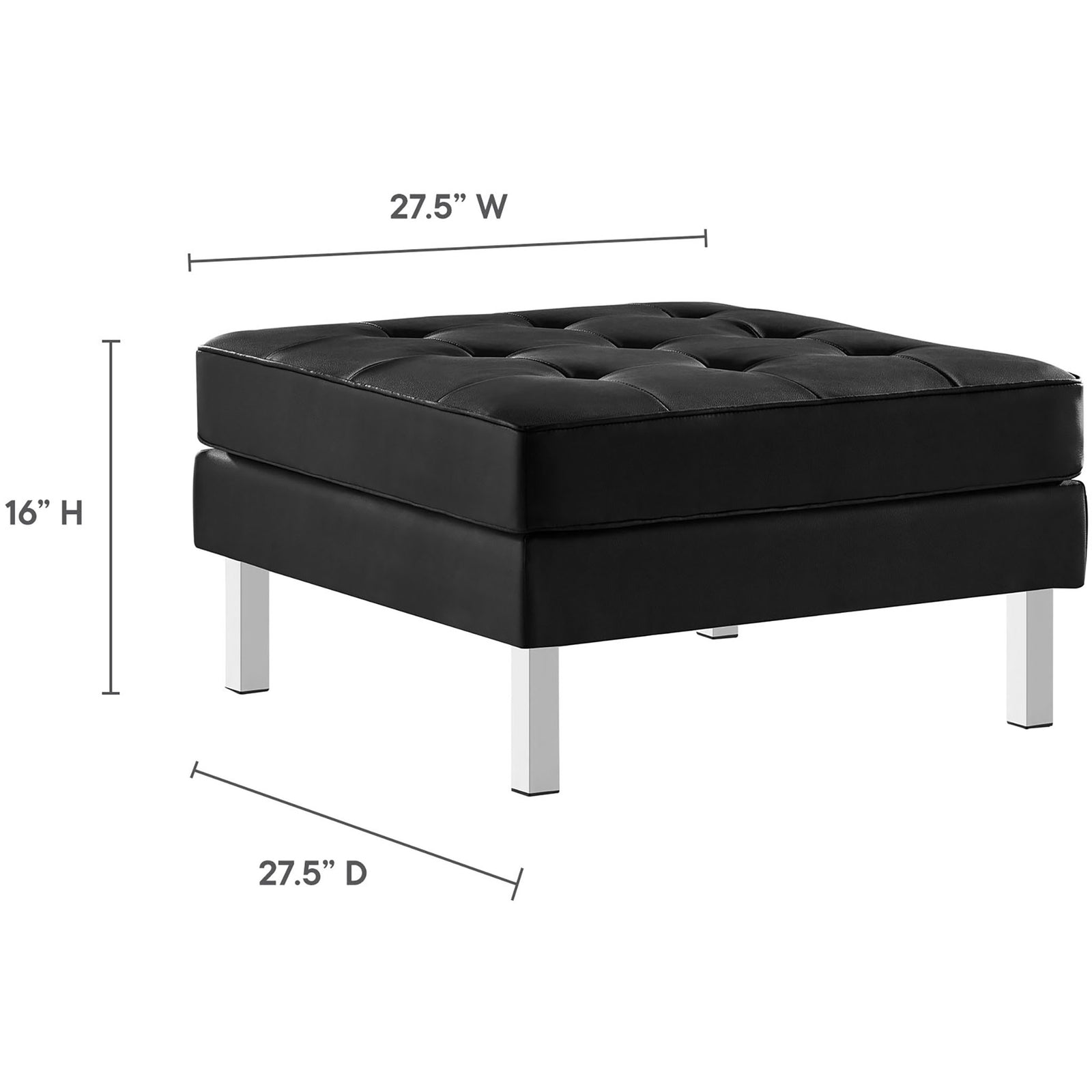Black tufted vegan leather ottoman with silver legs and labeled height and width measurements || EEI-3394-SLV-BLK || dimension_studio