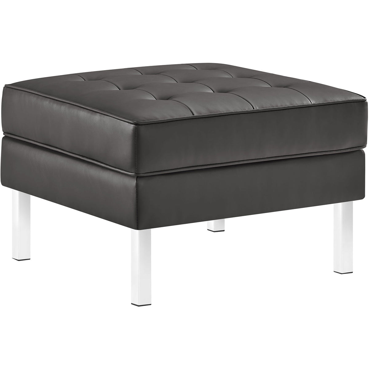 Modern square ottoman in silver gray vegan leather with plush biscuit tufting and gleaming stainless steel legs || EEI-3394-SLV-GRY || front_angle_studio