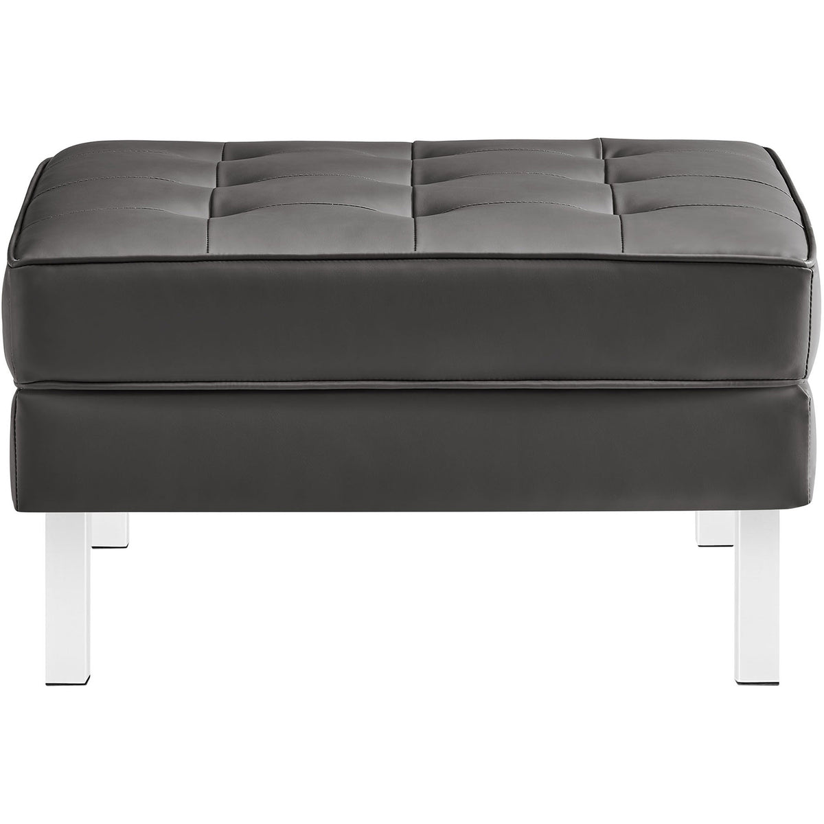 Silver gray vegan leather ottoman with biscuit tufting and sleek square silhouette on polished metal legs || EEI-3394-SLV-GRY || front_studio