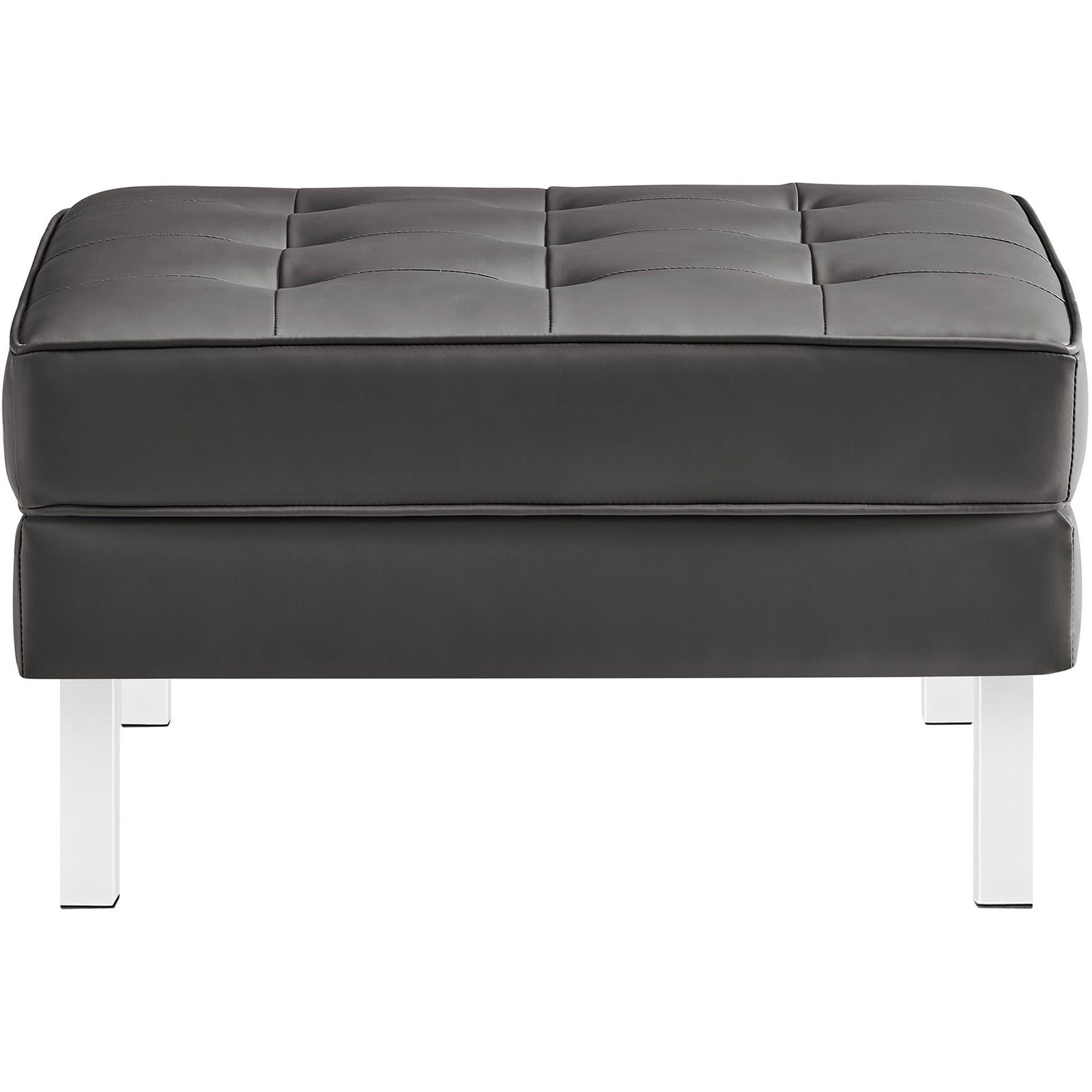 Silver gray vegan leather ottoman with biscuit tufting and sleek square silhouette on polished metal legs || EEI-3394-SLV-GRY || front_studio