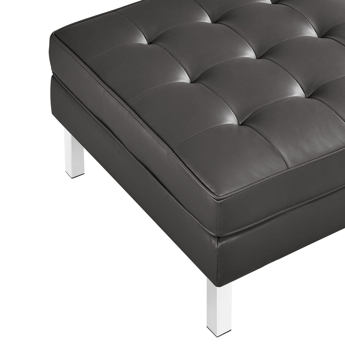 Close-up of tufted vegan leather cushion showing smooth silver gray upholstery and deep biscuit tufting || EEI-3394-SLV-GRY || detail_studio