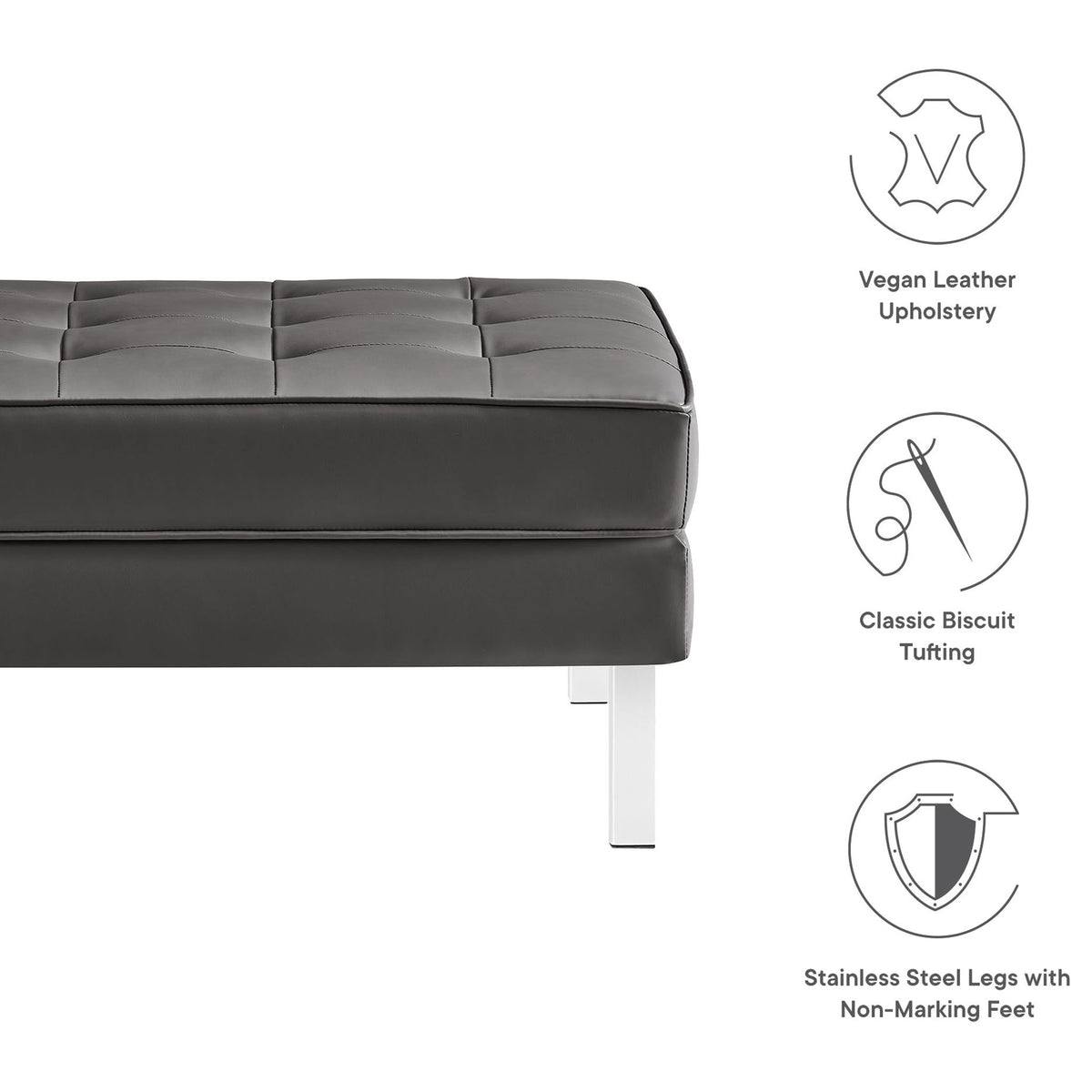 Ottoman detail highlighting vegan leather upholstery, classic biscuit tufting, and stainless steel legs with foot caps || EEI-3394-SLV-GRY || callout_studio