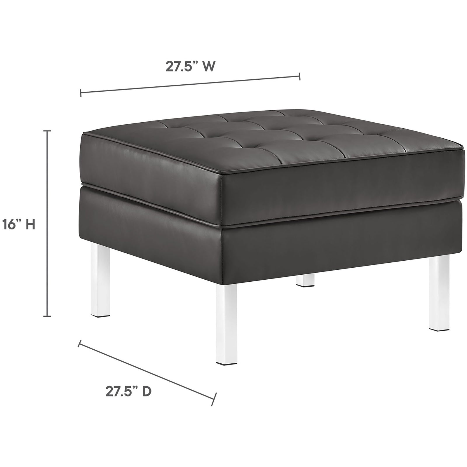 Silver gray tufted vegan leather ottoman with stainless steel legs and dimensions shown as 27.5 by 27.5 by 16 || EEI-3394-SLV-GRY || dimension_studio