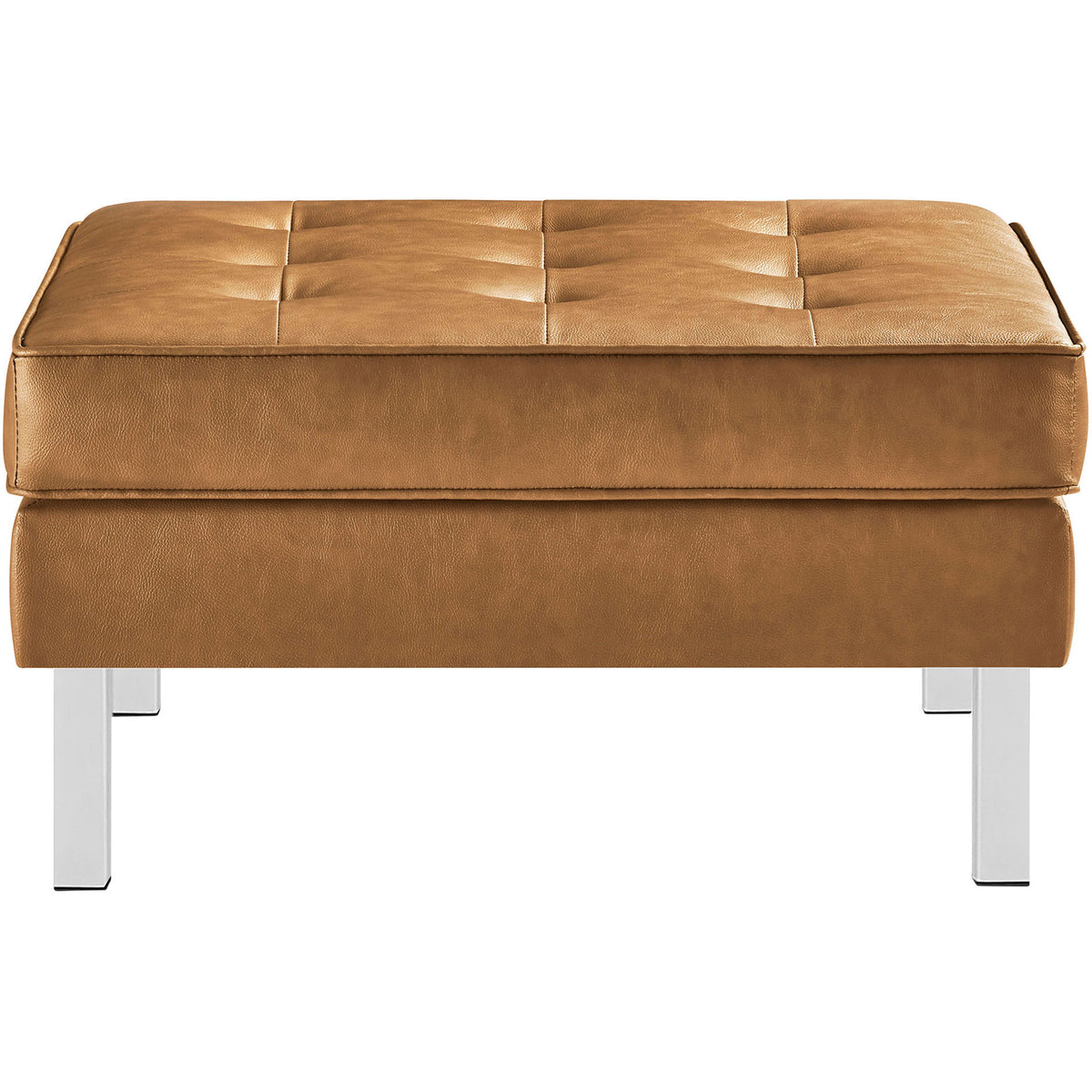 Modern square ottoman in tan vegan leather with button tufting and slender stainless steel legs || EEI-3394-SLV-TAN || front_studio