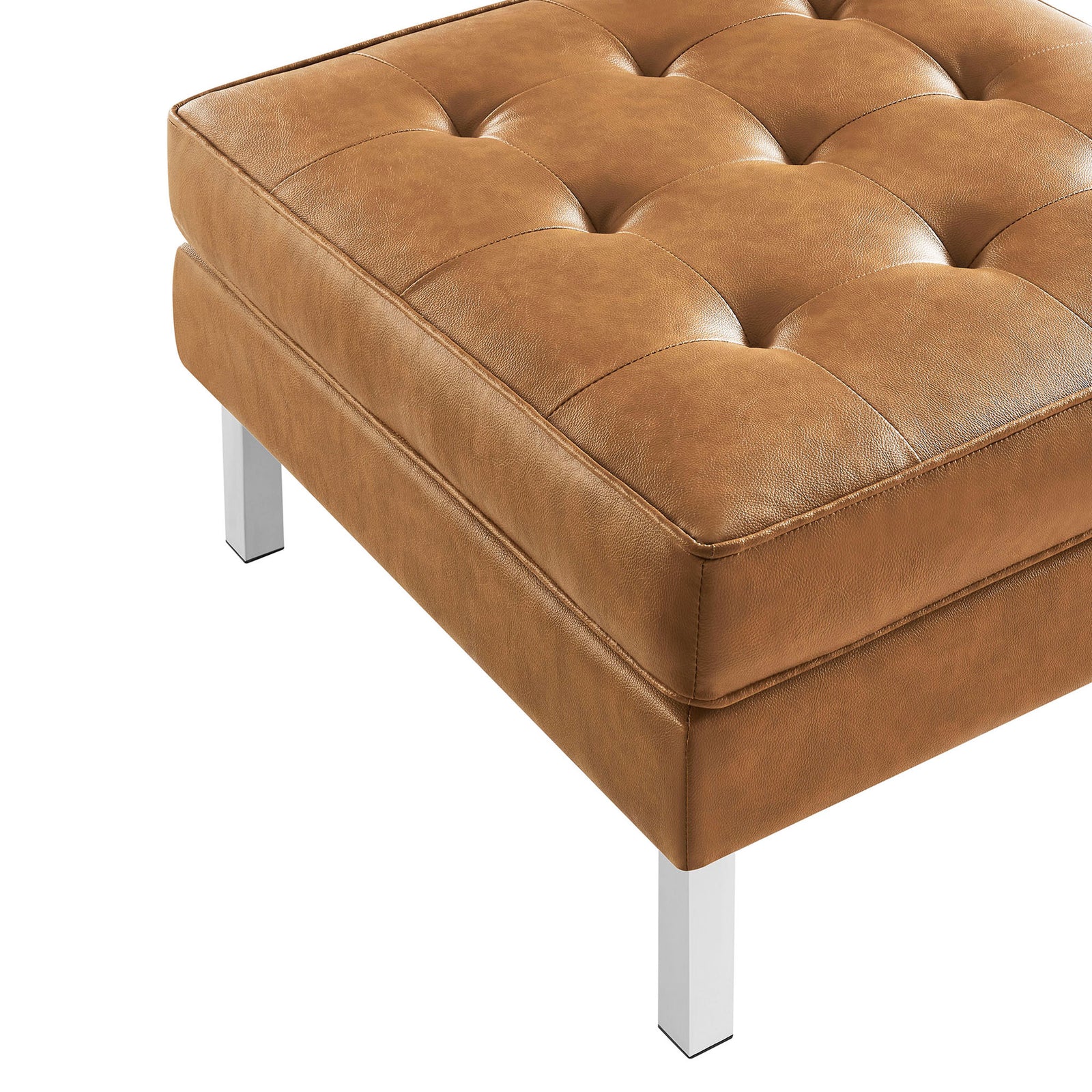 Tufted tan cushion and stainless steel leg of the Loft vegan leather ottoman || EEI-3394-SLV-TAN || detail_studio