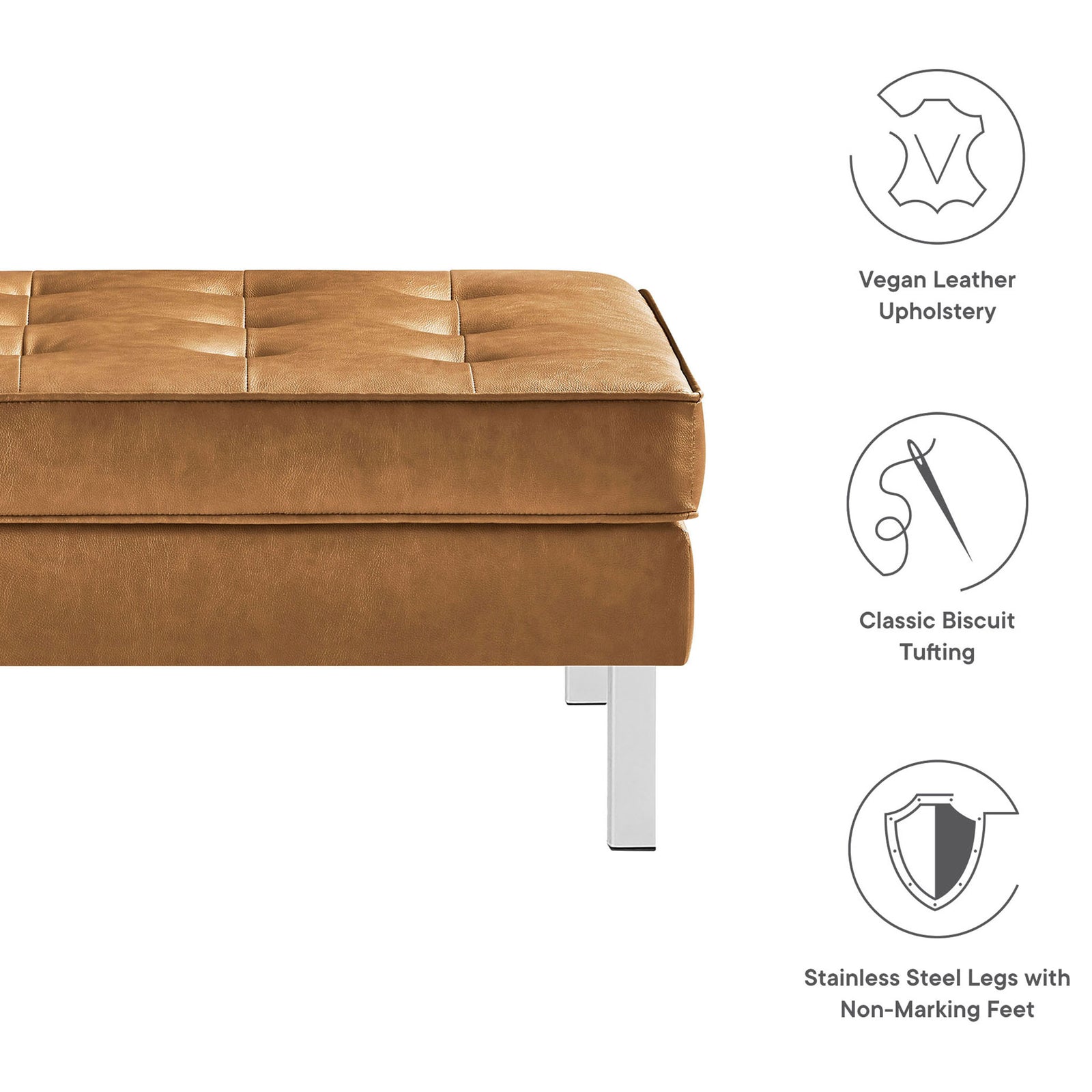 Tan vegan leather ottoman highlighting vegan upholstery, biscuit tufting, and stainless steel legs || EEI-3394-SLV-TAN || callout_studio