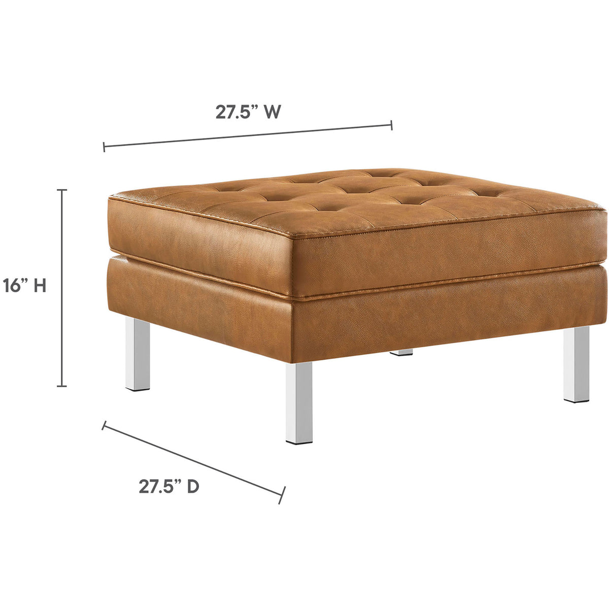 Loft vegan leather ottoman in tan with dimensions noted for width, depth, and height || EEI-3394-SLV-TAN || dimension_studio