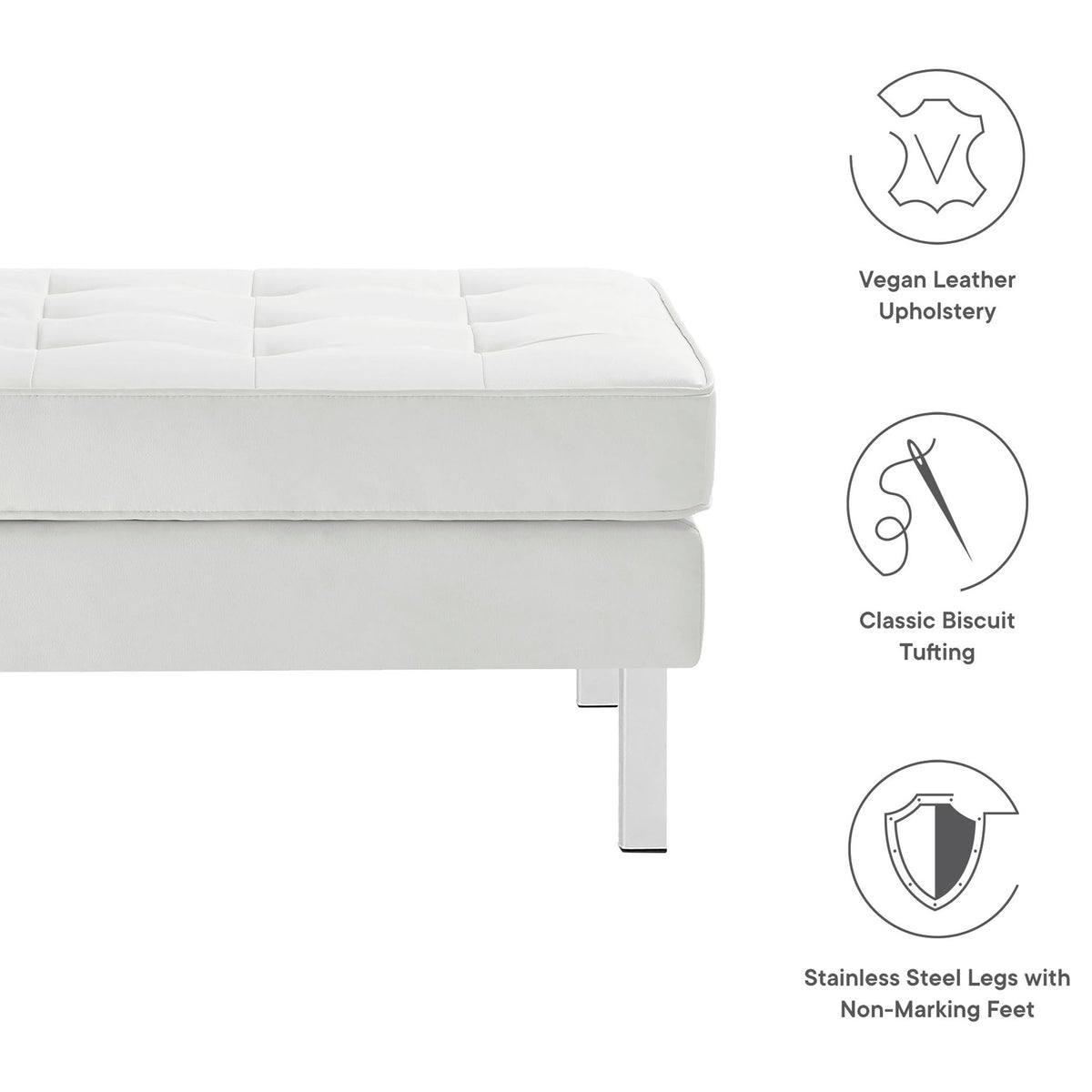White vegan leather ottoman highlighting biscuit tufting, stainless steel legs, and non-marking feet || EEI-3394-SLV-WHI || callout_studio