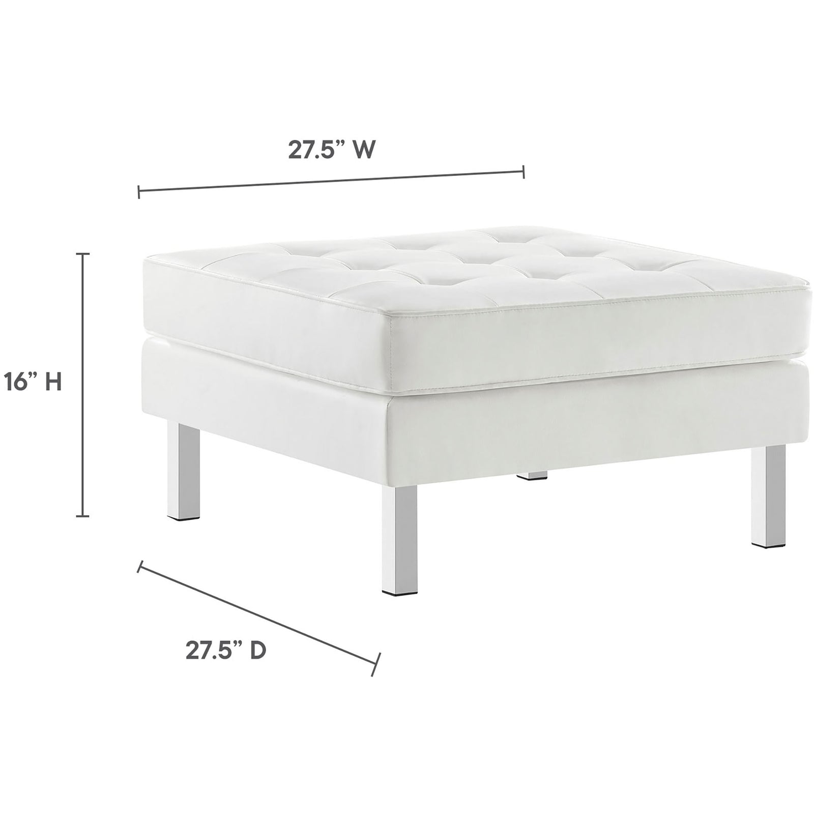 Loft white vegan leather ottoman with generous square seat and clearly labeled dimensions for easy planning || EEI-3394-SLV-WHI || dimension_studio