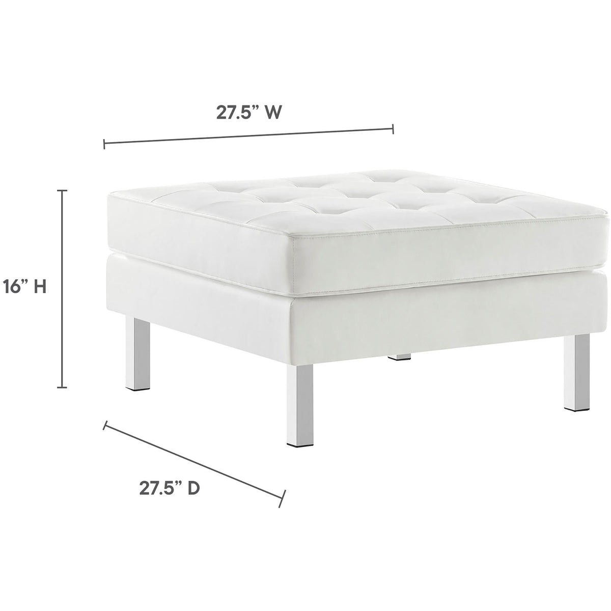 Loft white vegan leather ottoman with generous square seat and clearly labeled dimensions for easy planning || EEI-3394-SLV-WHI || dimension_studio