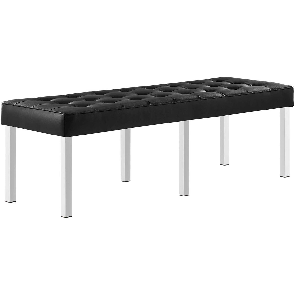 Black vegan leather and biscuit tufting give this sleek bench a plush seat above stainless steel legs || EEI-3397-SLV-BLK || front_angle_studio
