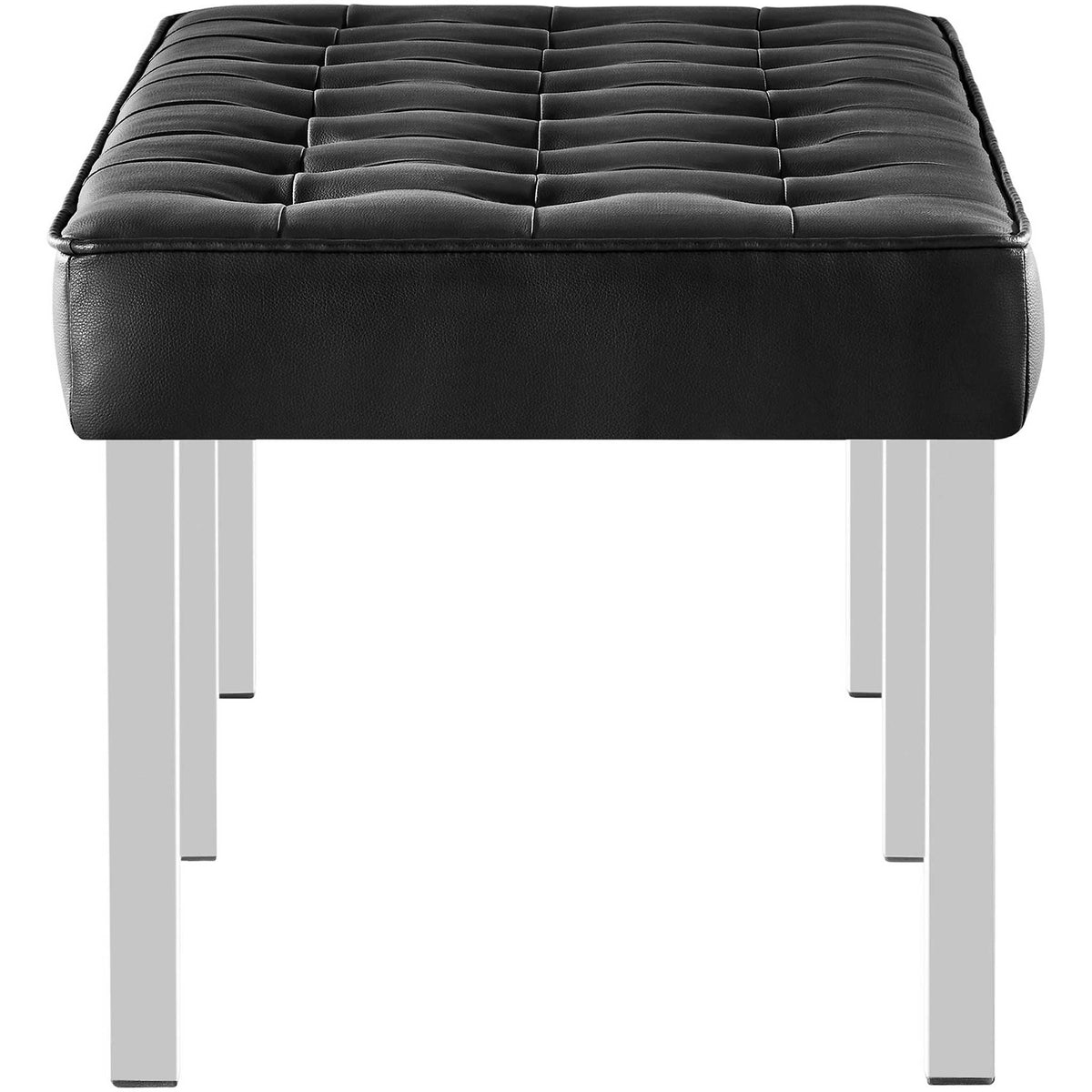 A thick tufted seat rests above slim metal legs for a clean, airy look