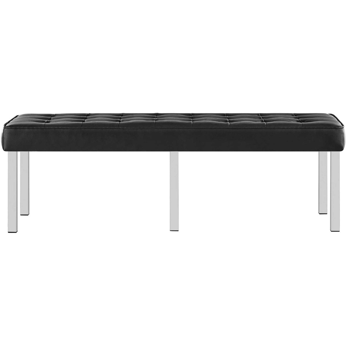 A long, cushioned bench pairs tailored black upholstery with slender silver legs || EEI-3397-SLV-BLK || front_studio