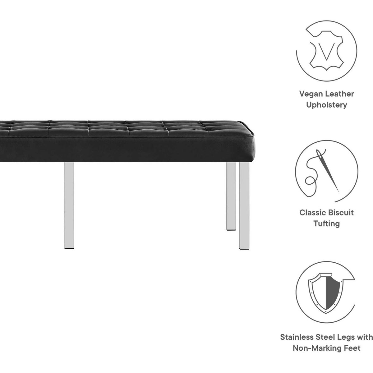Vegan leather upholstery, classic biscuit tufting, and stainless steel legs with non-marking feet
