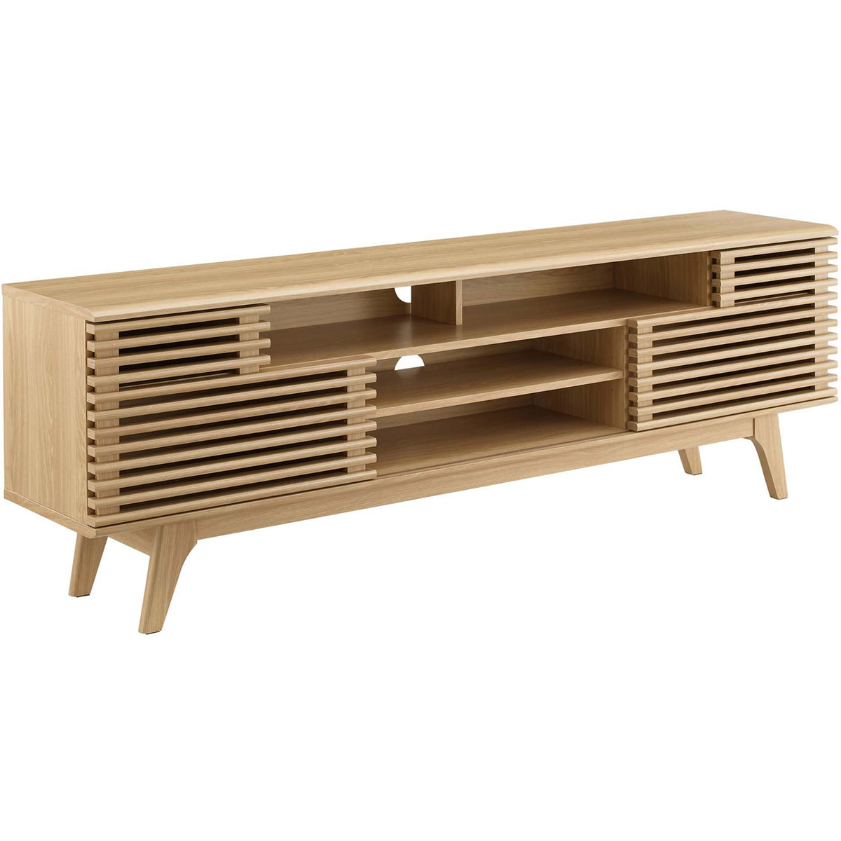 Long 71 inch oak media console with open center shelves and mid-century tapered legs || EEI-3433-OAK || front_angle_studio
