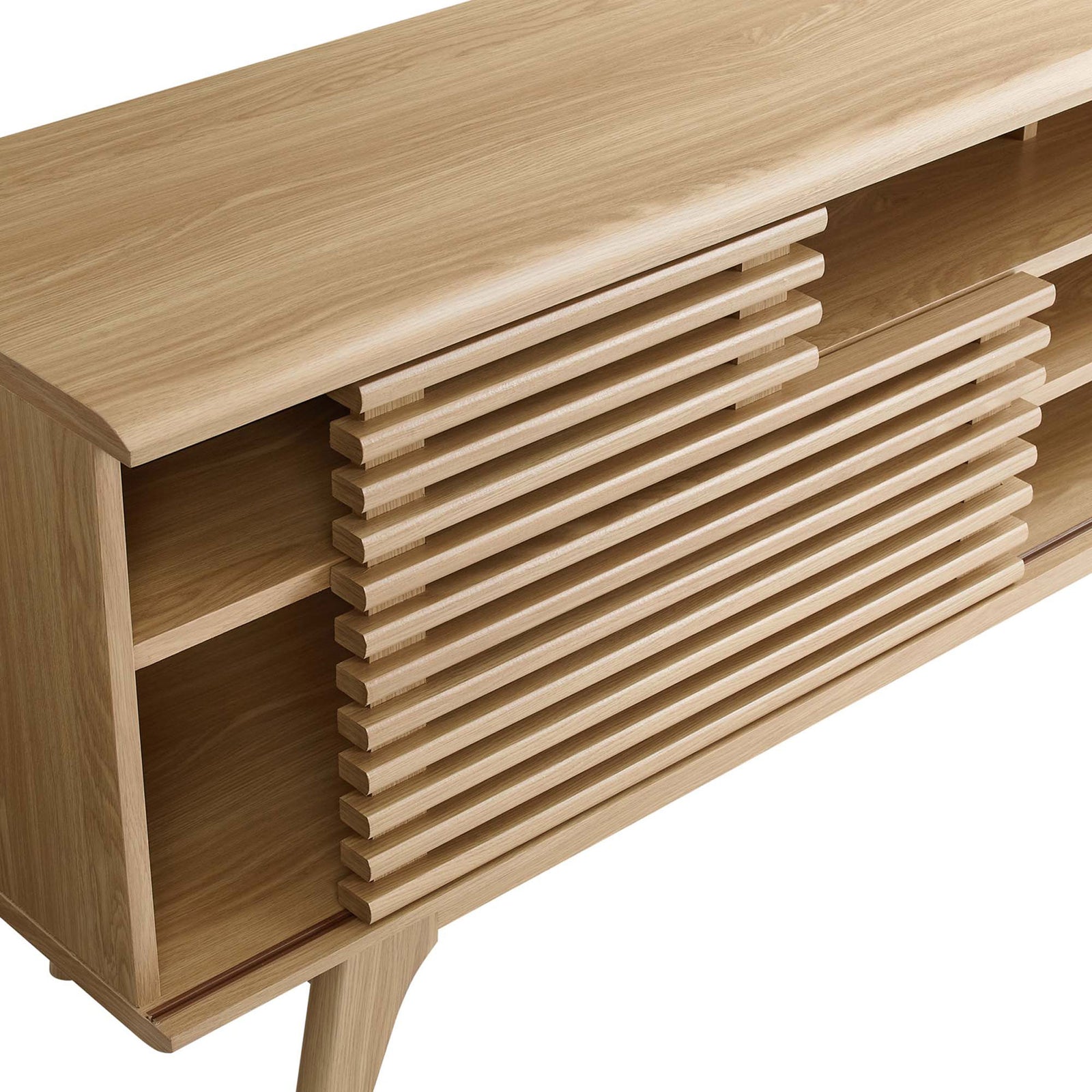 Oak slatted sliding door and shelving showcasing rich wood grain texture || EEI-3433-OAK || detail_studio