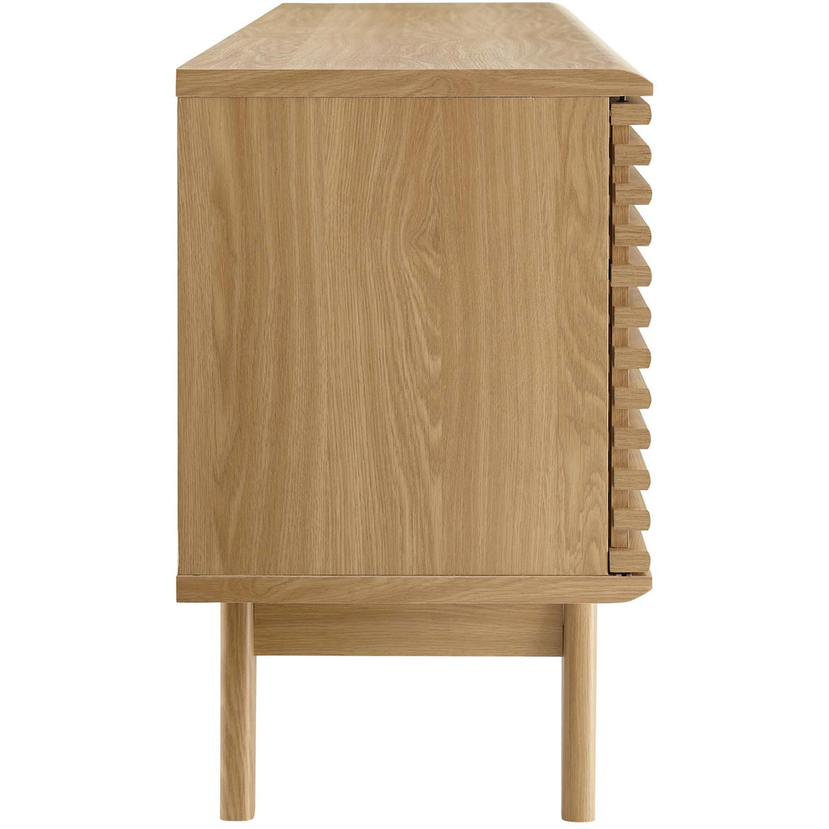 Oak media console highlighting smooth wood grain finish and slim mid-century silhouette || EEI-3433-OAK || side_studio