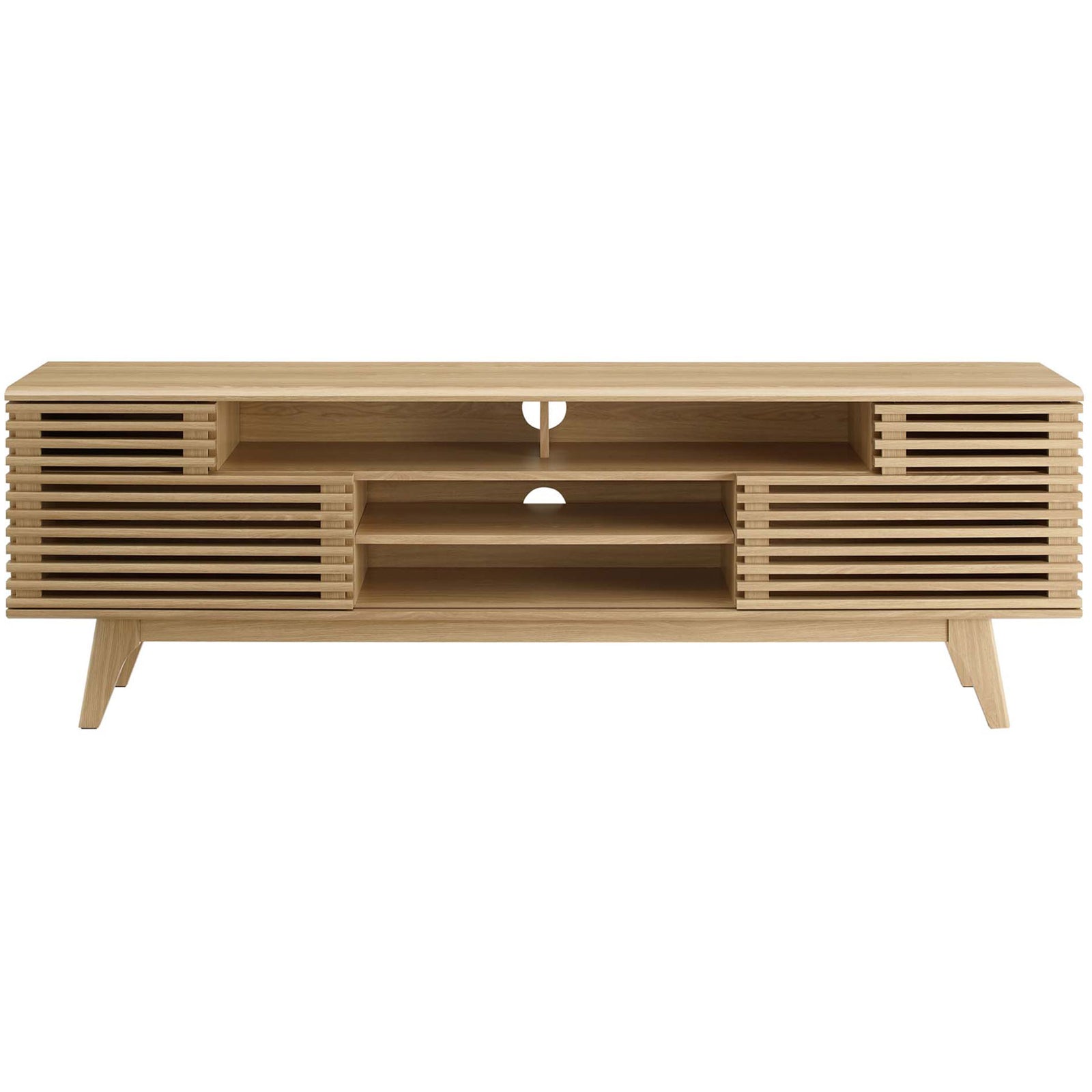 Oak media console with slatted sliding doors and open center shelves for versatile storage || EEI-3433-OAK || front_studio