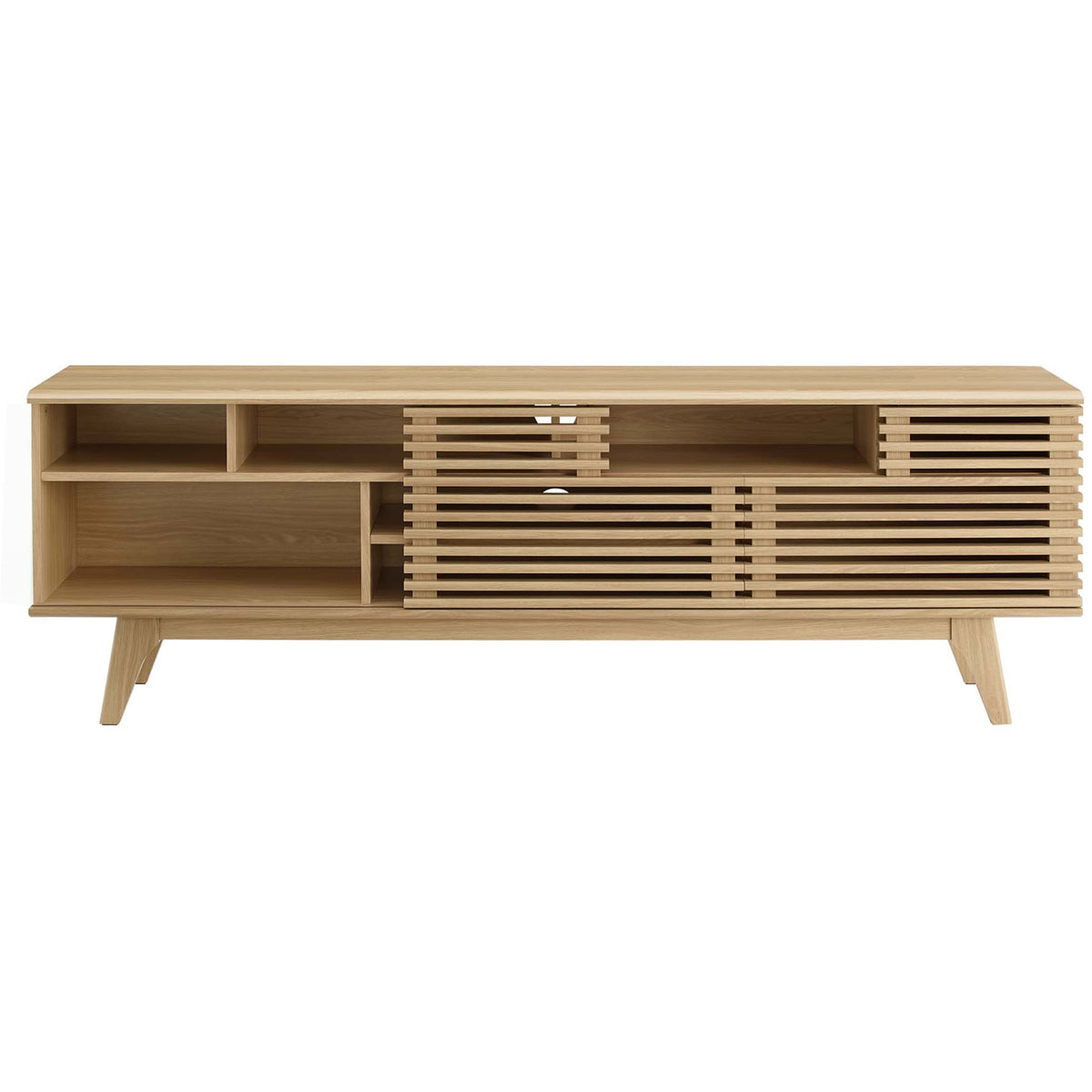 Mid-century oak media console with a slatted door revealing adjustable shelves || EEI-3433-OAK || front_studio