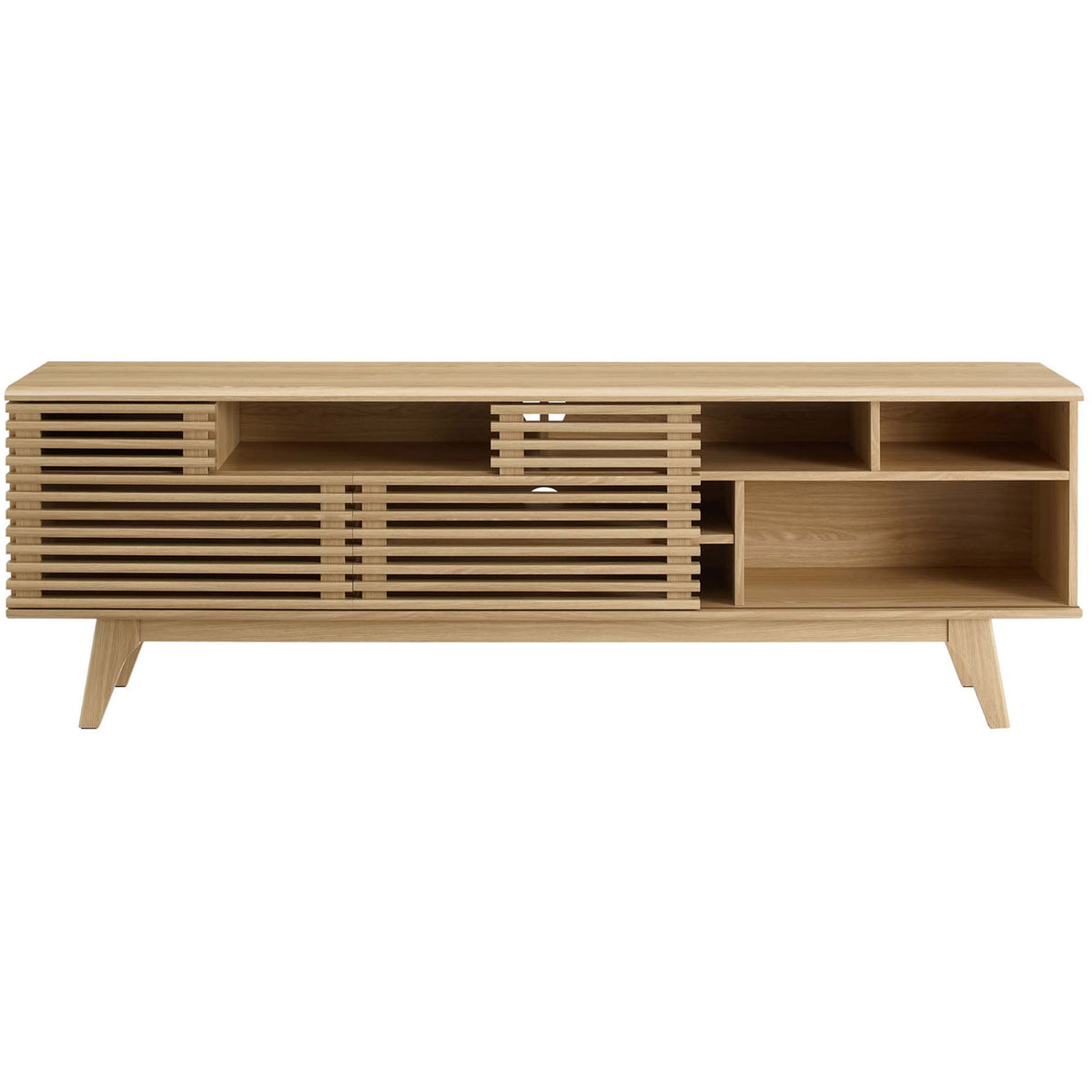 Mid-century oak TV stand with sliding slatted doors and flexible storage on both ends || EEI-3433-OAK || front_studio