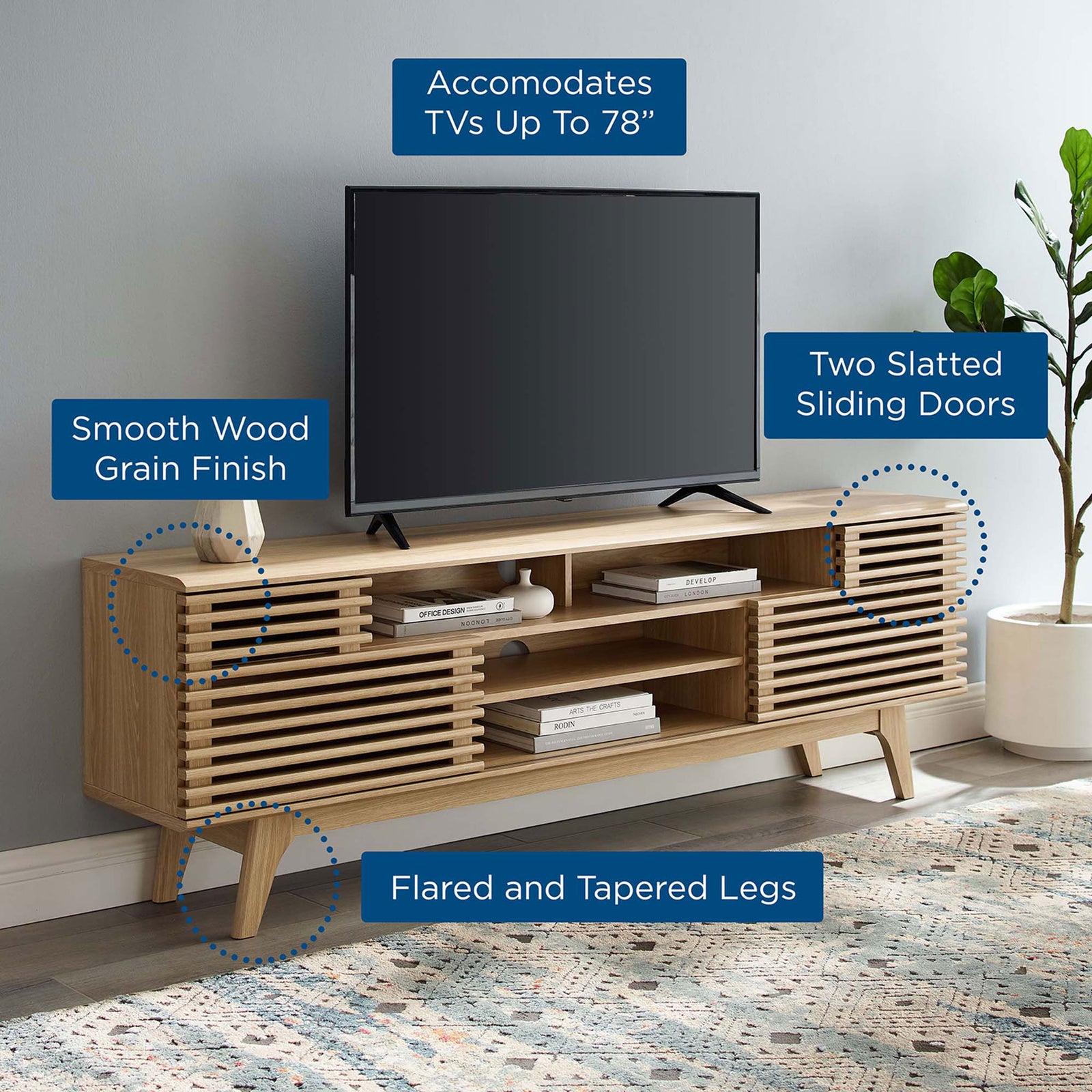 Oak media console with captions highlighting TV capacity, smooth wood grain, and slatted doors || EEI-3433-OAK || callout_room
