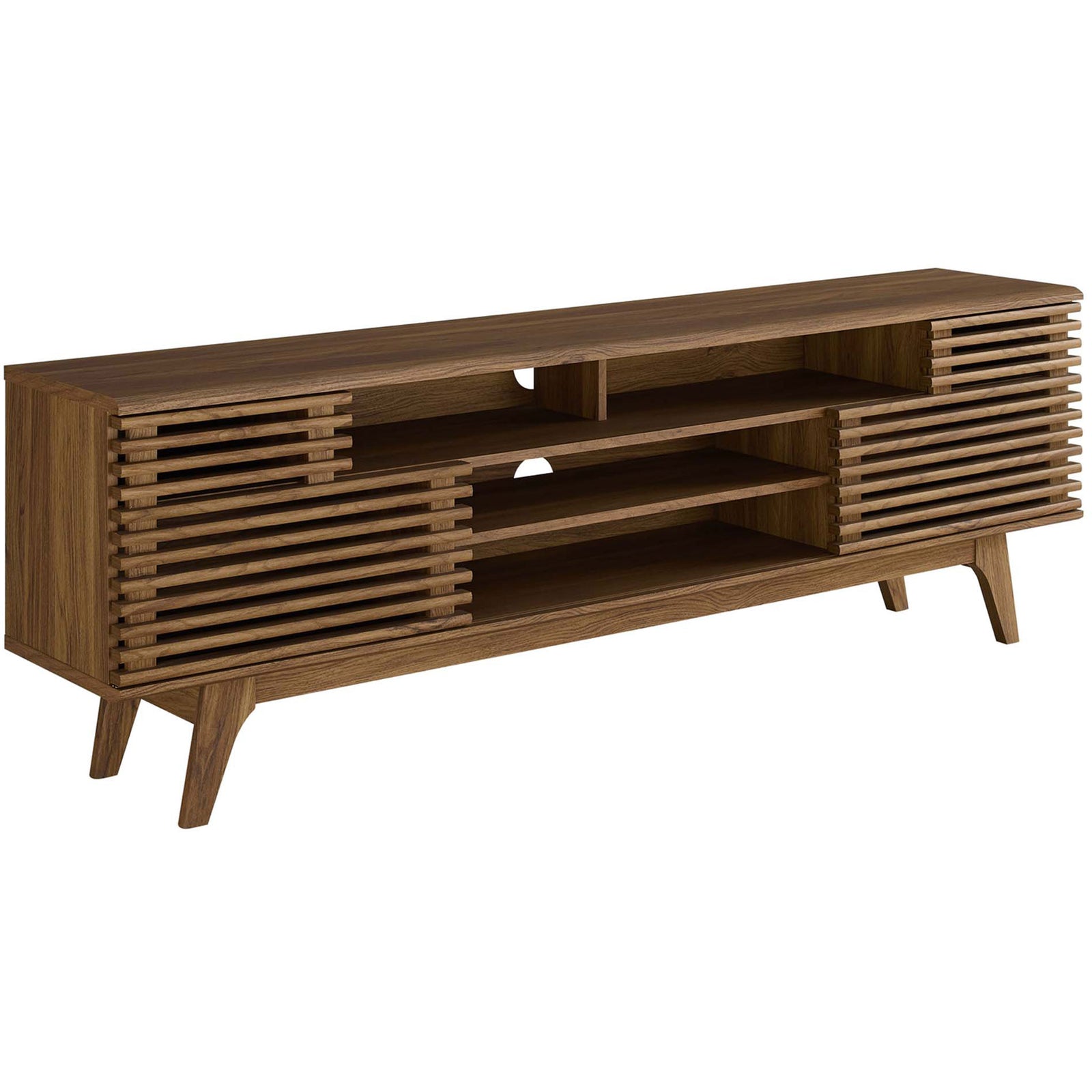 Long 71 inch walnut media console with mid-century lines and sturdy tapered legs || EEI-3433-WAL || front_angle_studio