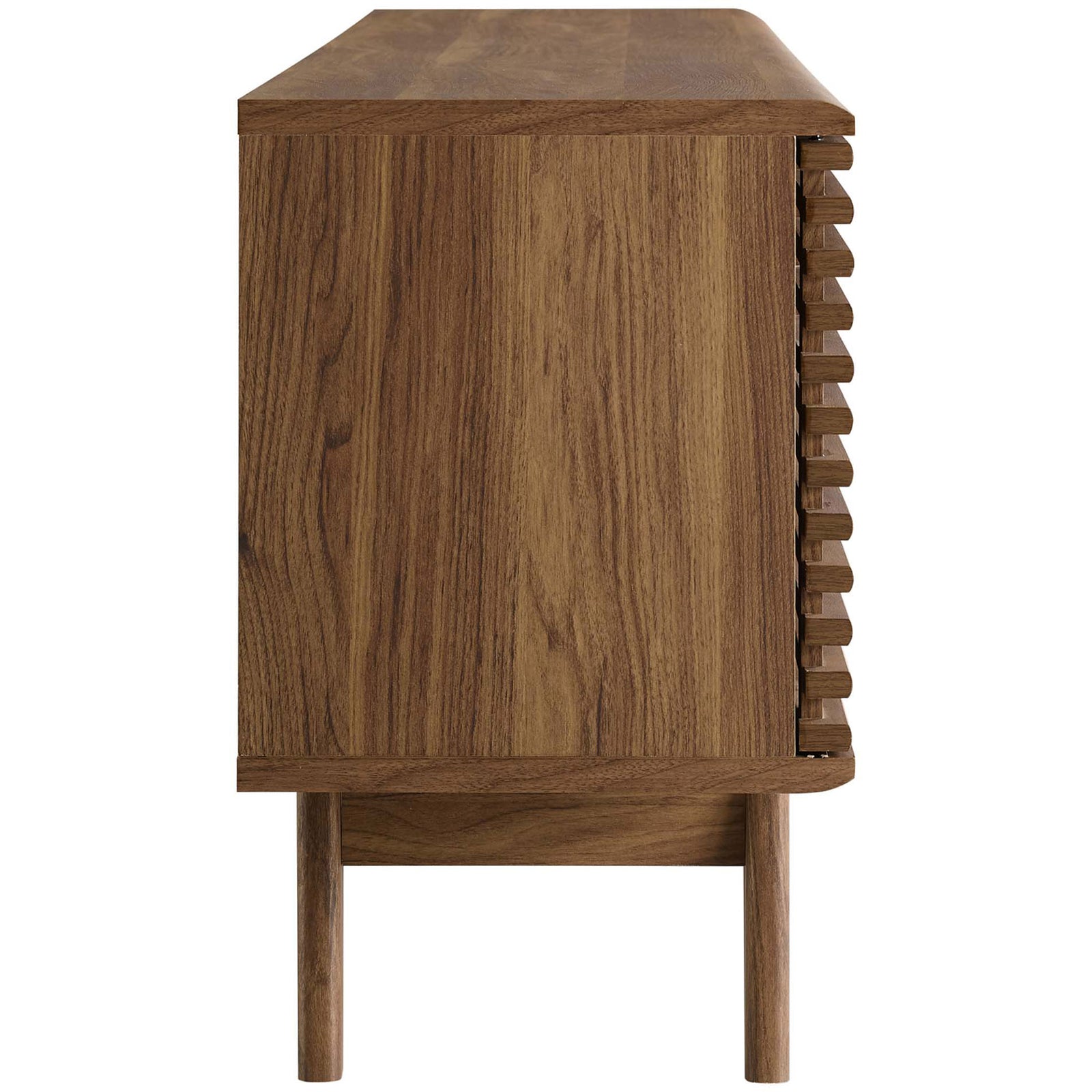 Walnut media console emphasizing the rich wood grain and smoothly finished side panel || EEI-3433-WAL || side_studio