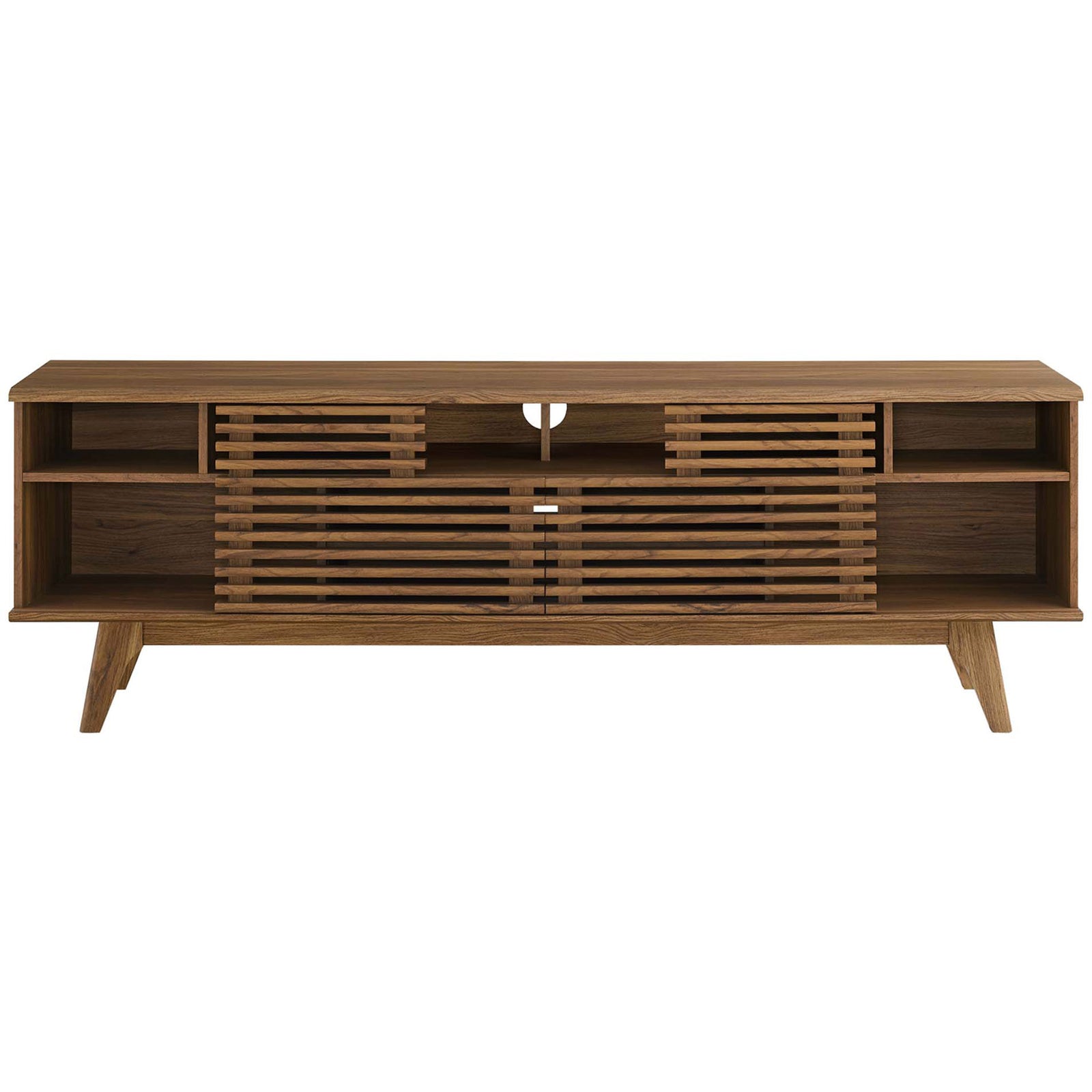 Walnut TV stand combining slatted sliding doors with spacious open storage compartments || EEI-3433-WAL || front_studio