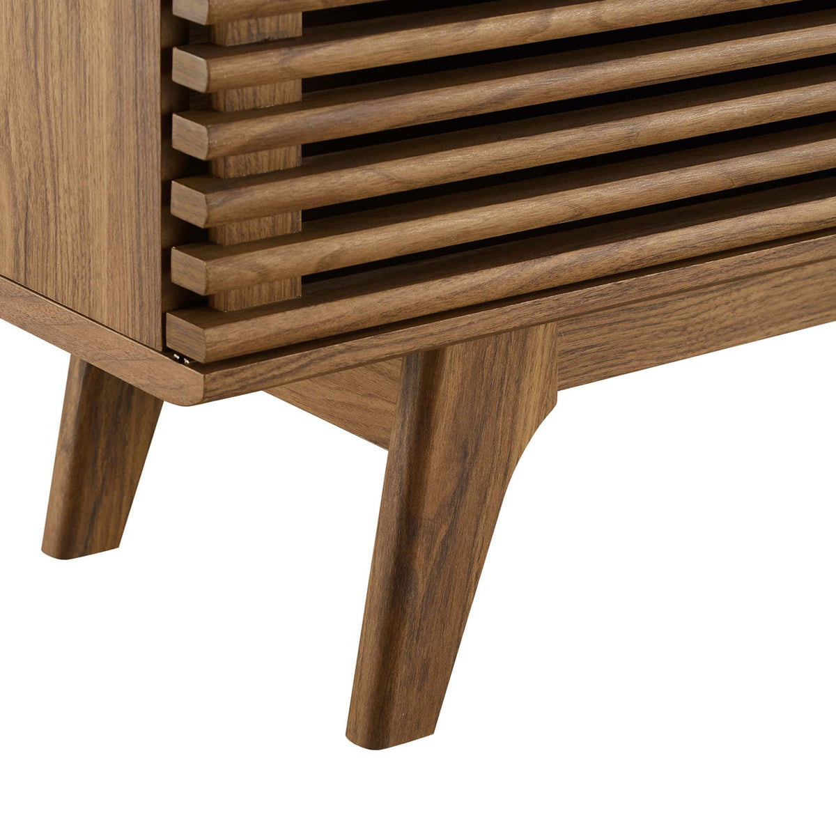 Walnut media console leg and base showcasing splayed mid-century design || EEI-3433-WAL || leg_studio