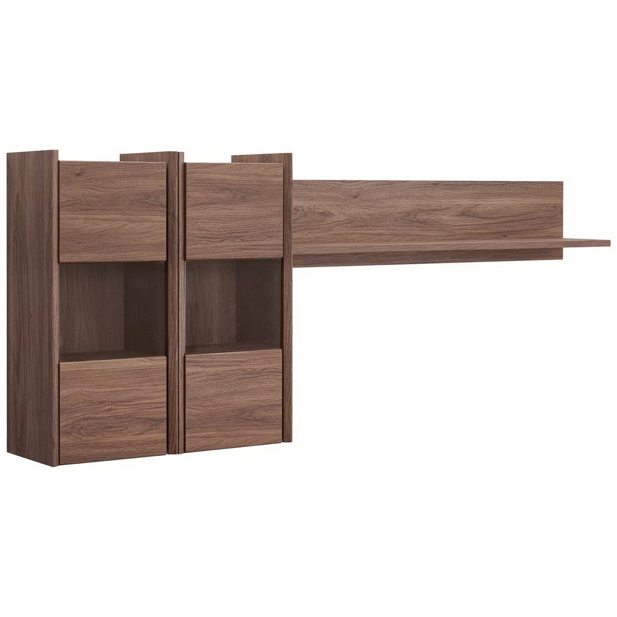 Walnut wall-mounted shelving unit with four concealed cubbies and two glass-front display sections || EEI-3436-WAL || front_angle_studio