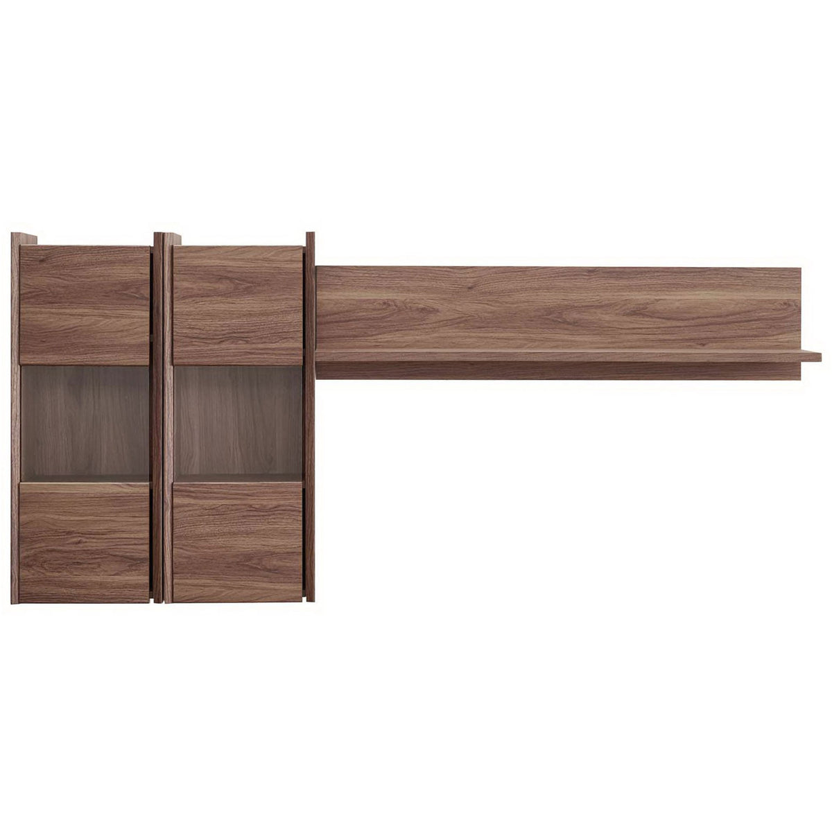 Symmetrical walnut wall shelf with four cubbies, two glass displays, and an extended right-side ledge || EEI-3436-WAL || front_studio