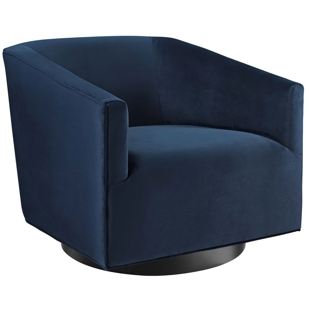 Sleek barrel-back swivel chair in midnight blue velvet with a matte black disc base. || EEI-3456-MID || front_angle_studio