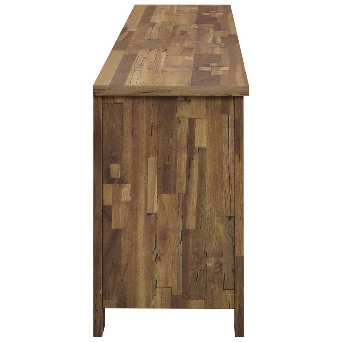 Rustic walnut TV stand showcasing plank-style side panels and thick rectangular tabletop || EEI-3489-WAL || side_studio