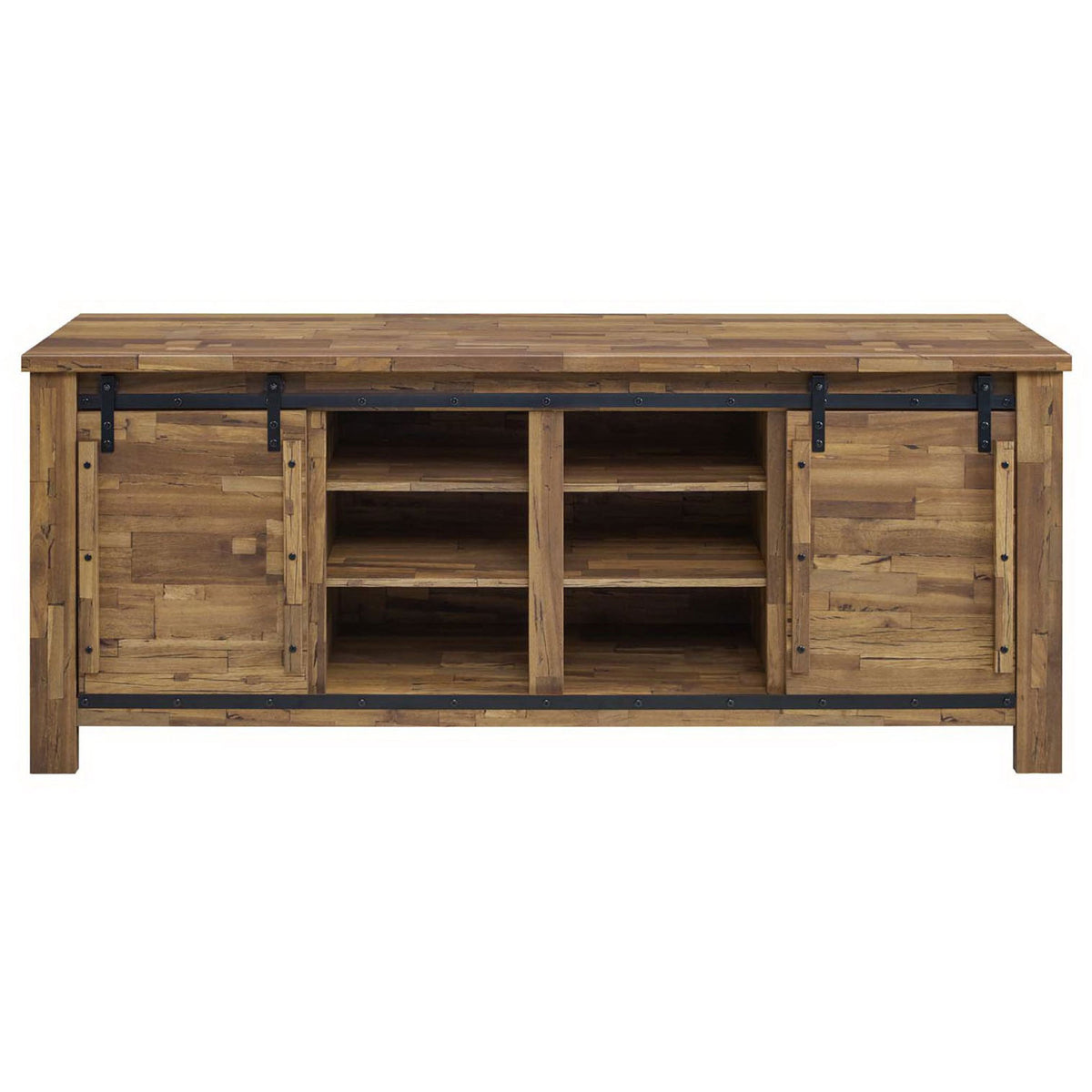 Rustic walnut TV stand with sliding barn doors and adjustable open shelves for media storage || EEI-3489-WAL || front_studio