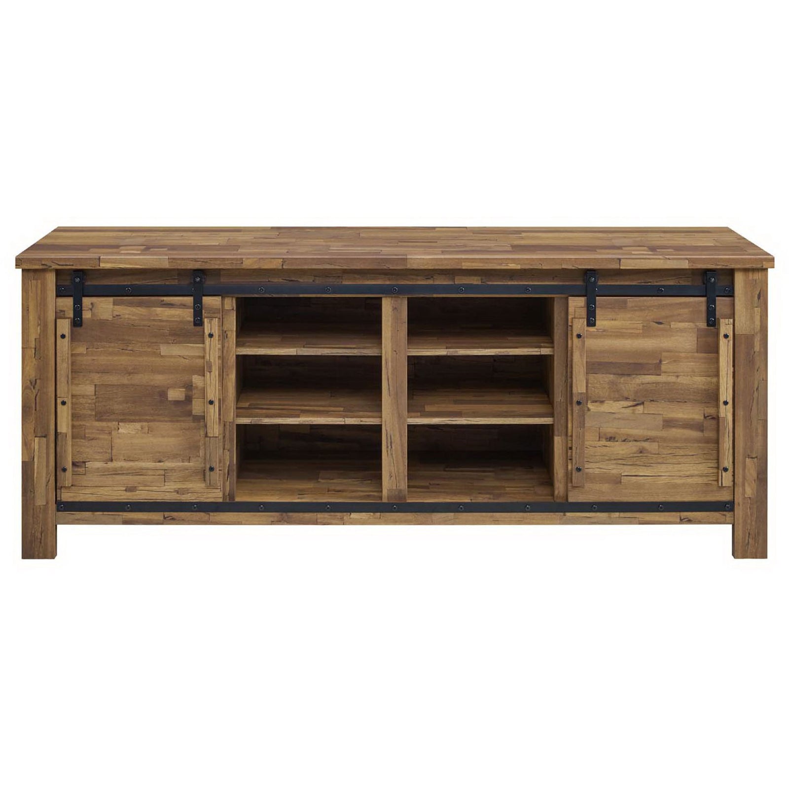 Rustic walnut TV stand with sliding barn doors and adjustable open shelves for media storage || EEI-3489-WAL || front_studio