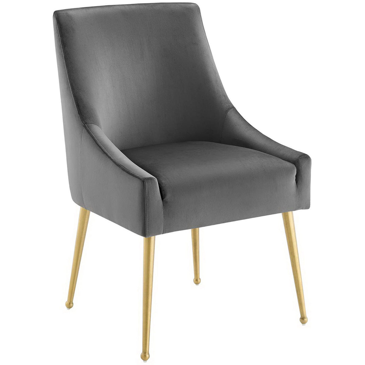 Gray velvet dining chair with slim gold legs and gently sloped arms for modern comfort. || EEI-3508-GRY || front_angle_studio