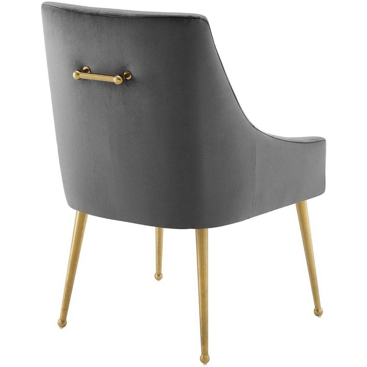 Gray velvet dining chair showcasing smooth curved back and decorative gold handle bar. || EEI-3508-GRY || back_studio