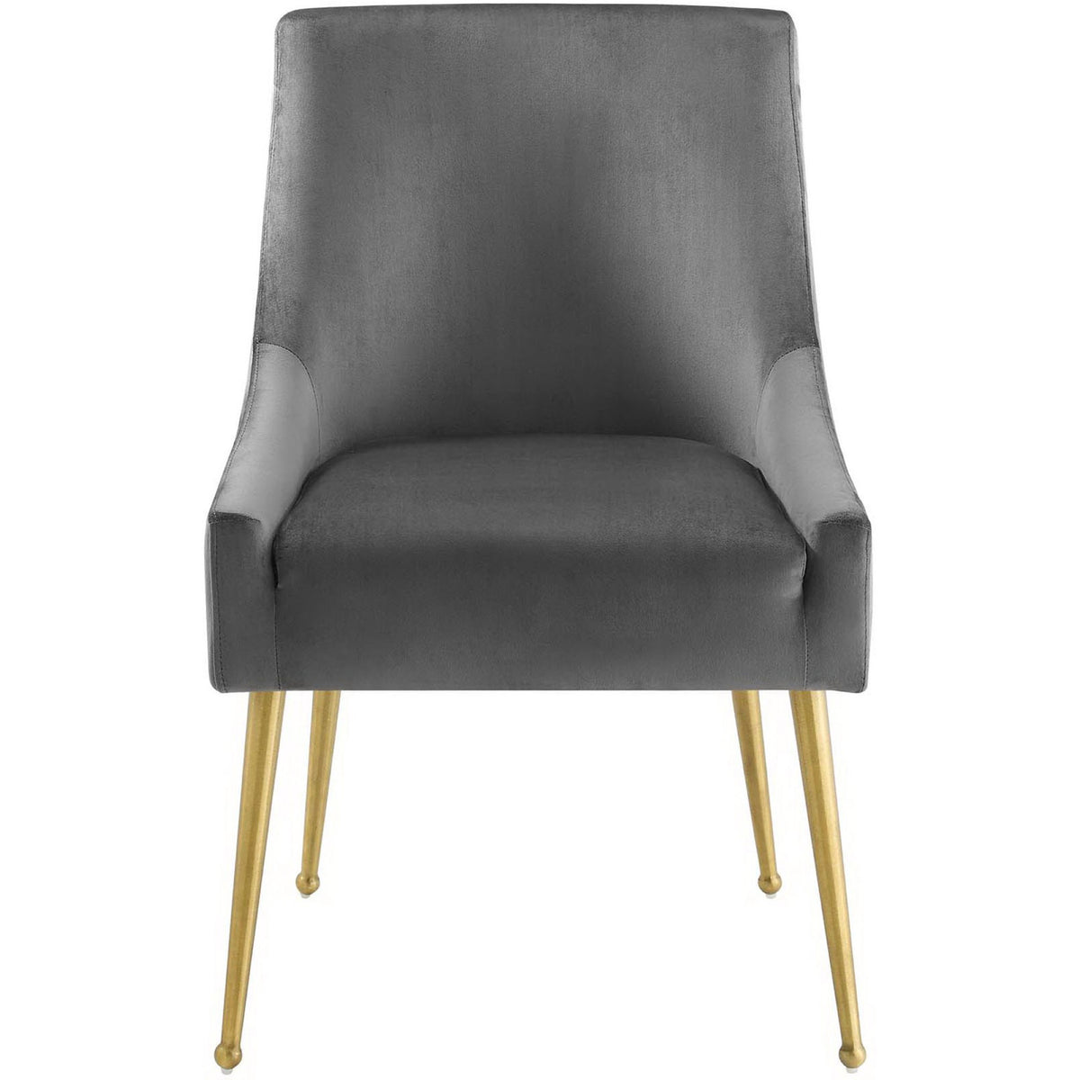 Cozy gray velvet dining chair with wide cushioned seat, sloping arms, and slim gold legs. || EEI-3508-GRY || front_studio