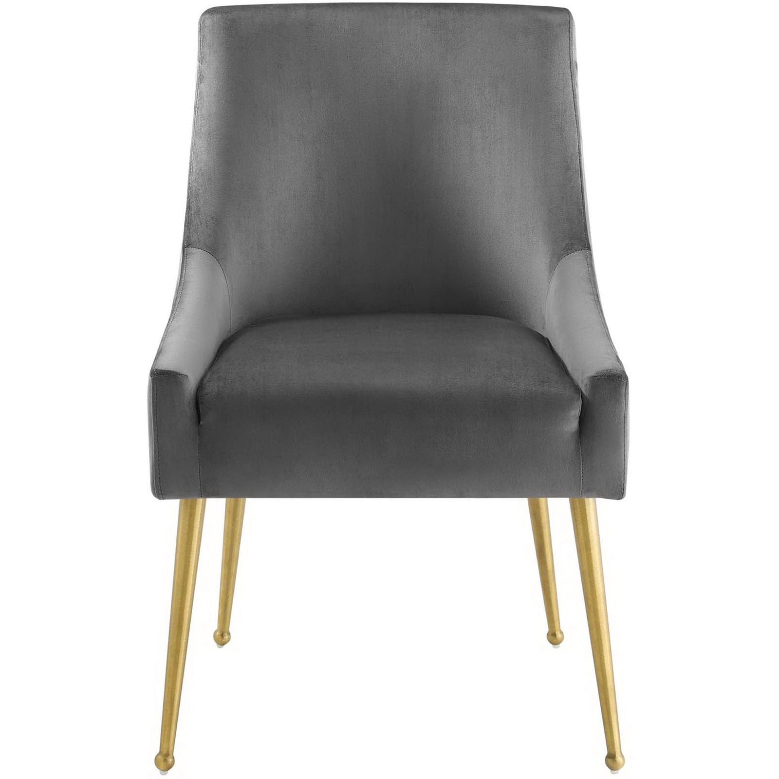 Cozy gray velvet dining chair with wide cushioned seat, sloping arms, and slim gold legs. || EEI-3508-GRY || front_studio