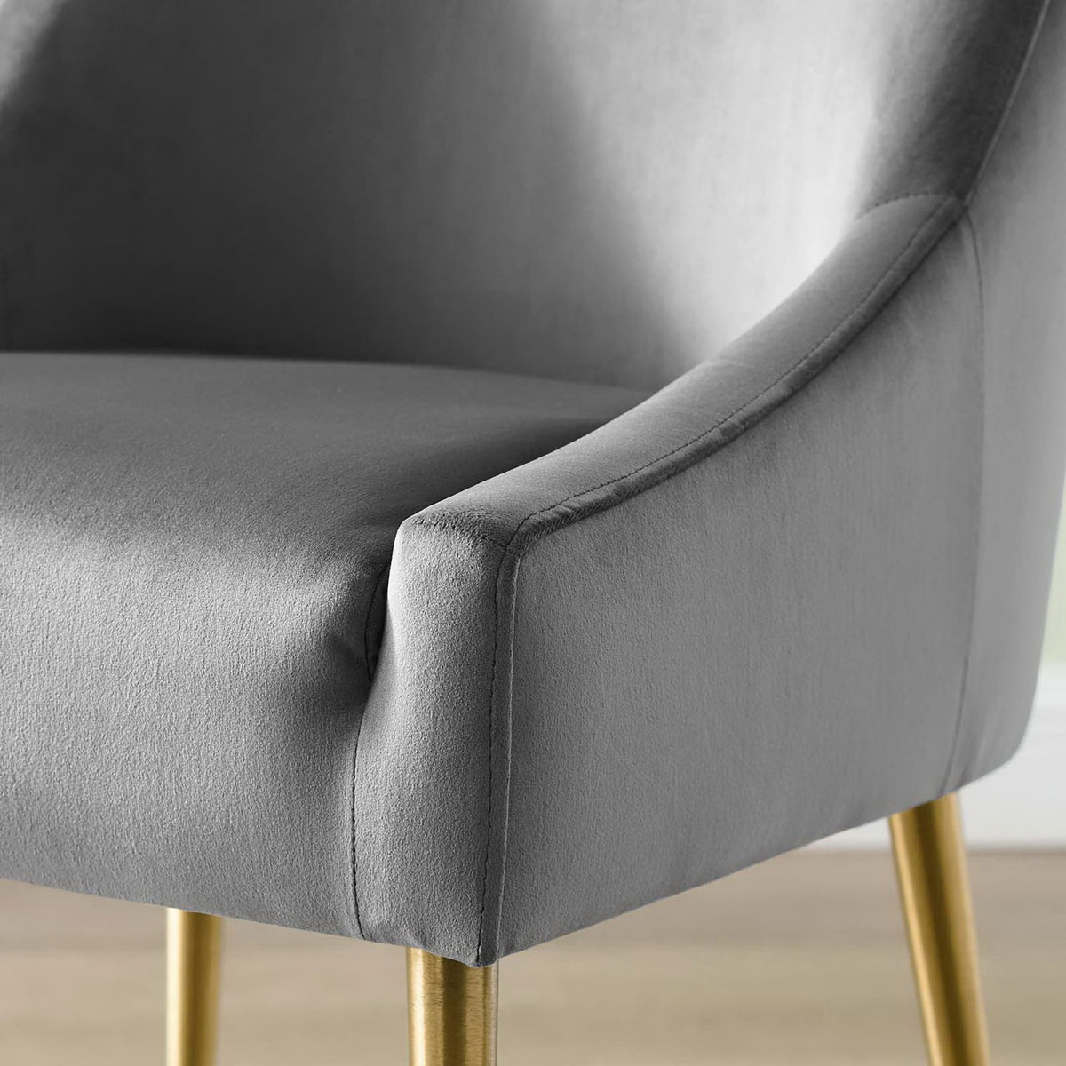Performance velvet gray upholstery with tailored arm seam and smooth padding on dining chair. || EEI-3508-GRY || detail_room