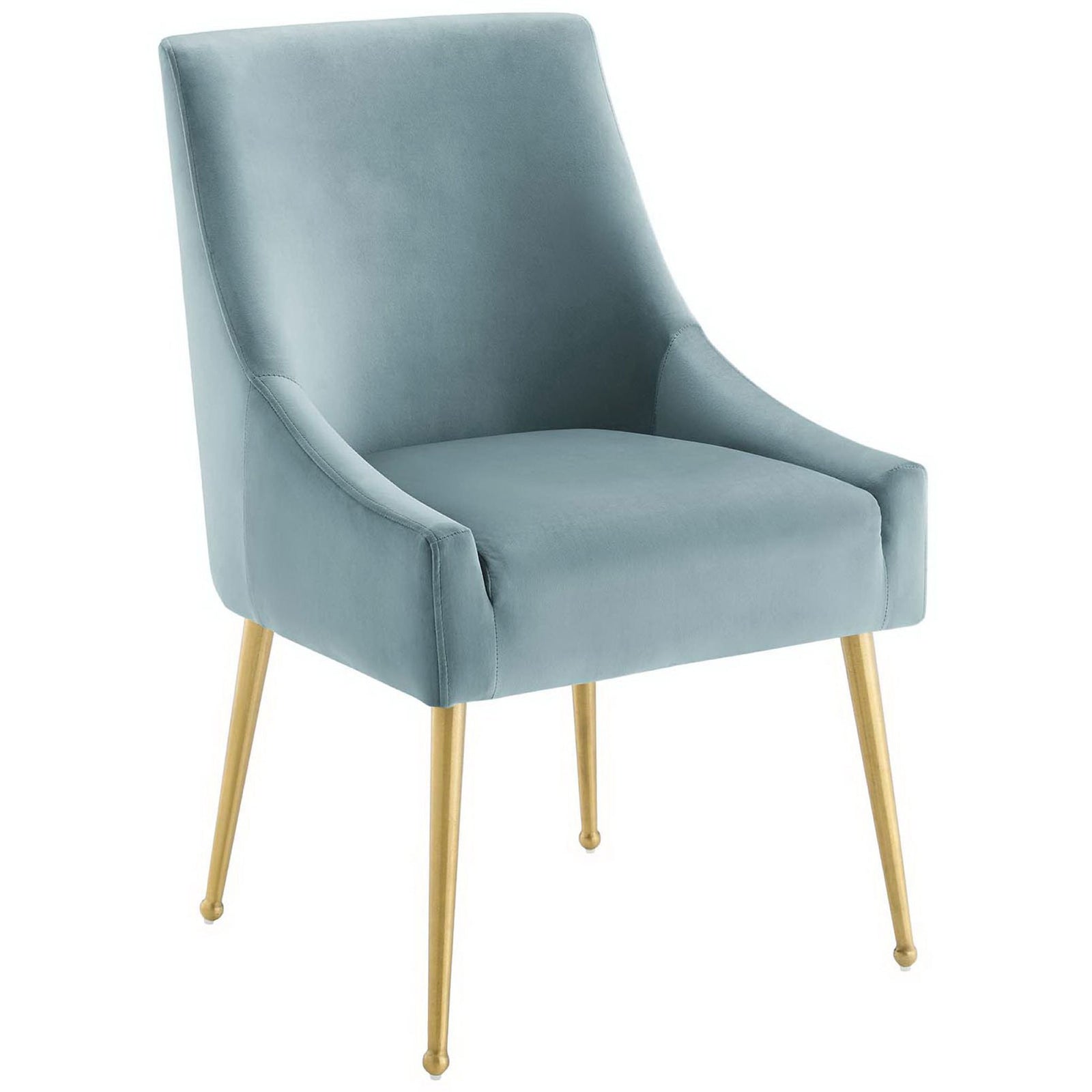 Light blue velvet chair showcasing smooth seat, flared arms, and slim gold legs for chic comfort || EEI-3508-LBU || front_angle_studio