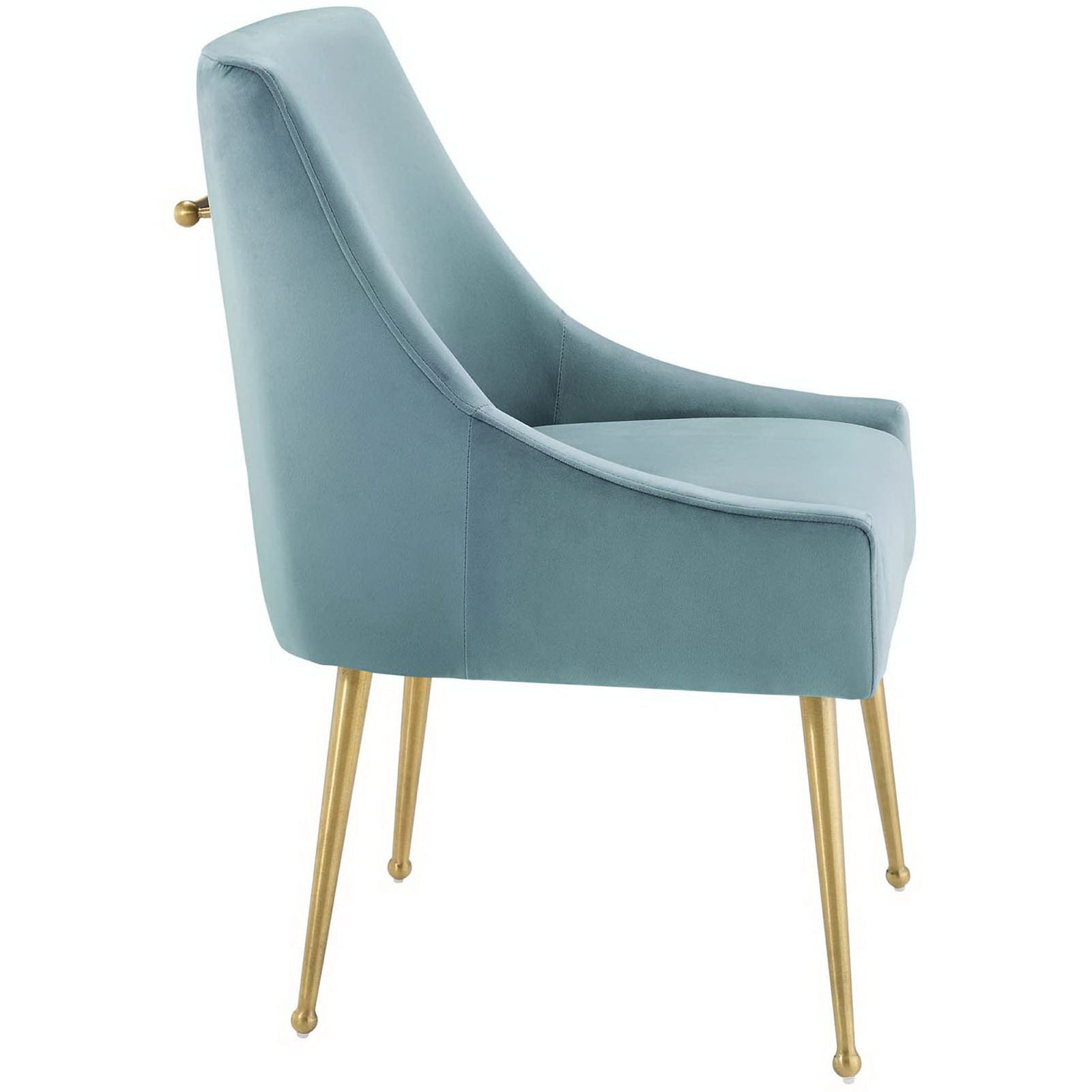Light blue velvet dining chair with contoured backrest and angled gold legs for supportive seating || EEI-3508-LBU || side_studio