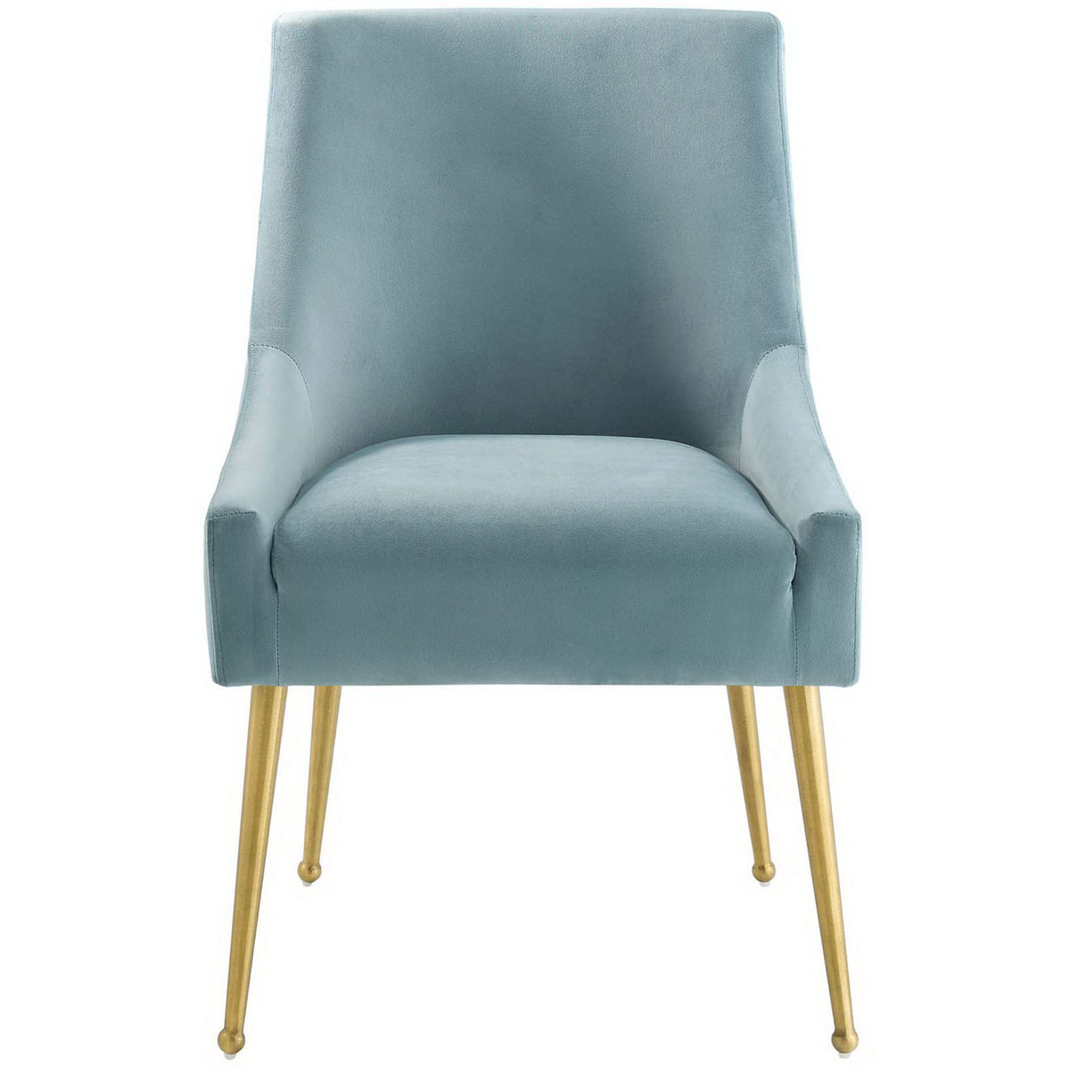 Light blue velvet dining chair with sloping arms and tapered gold legs for modern glam seating || EEI-3508-LBU || front_studio
