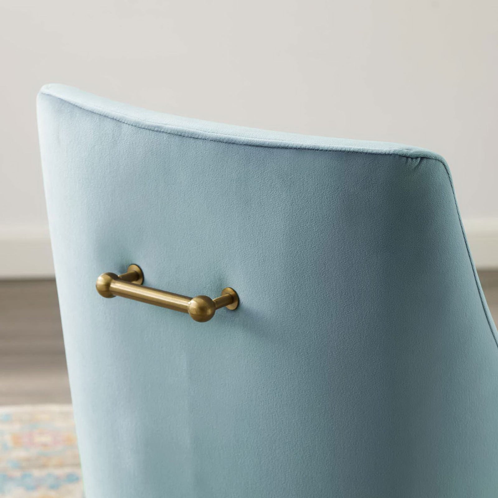 Light blue velvet chair back highlighting the brushed gold pull handle detail || EEI-3508-LBU || handle_room