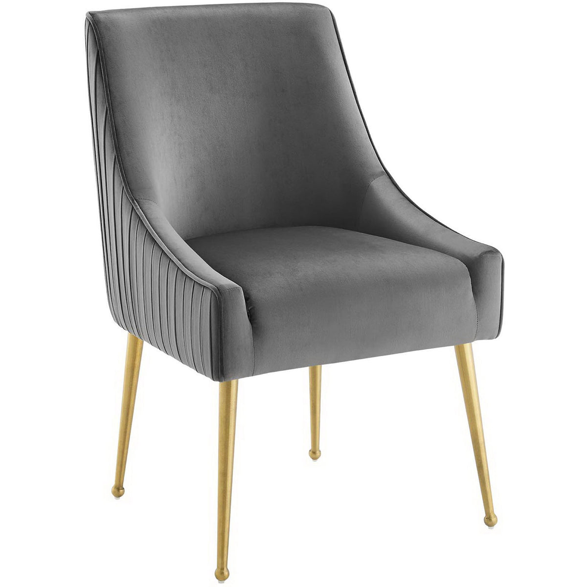 Pleated gray velvet dining chair with waterfall seat and slim gold legs for a chic, tailored look. || EEI-3509-GRY || front_angle_studio