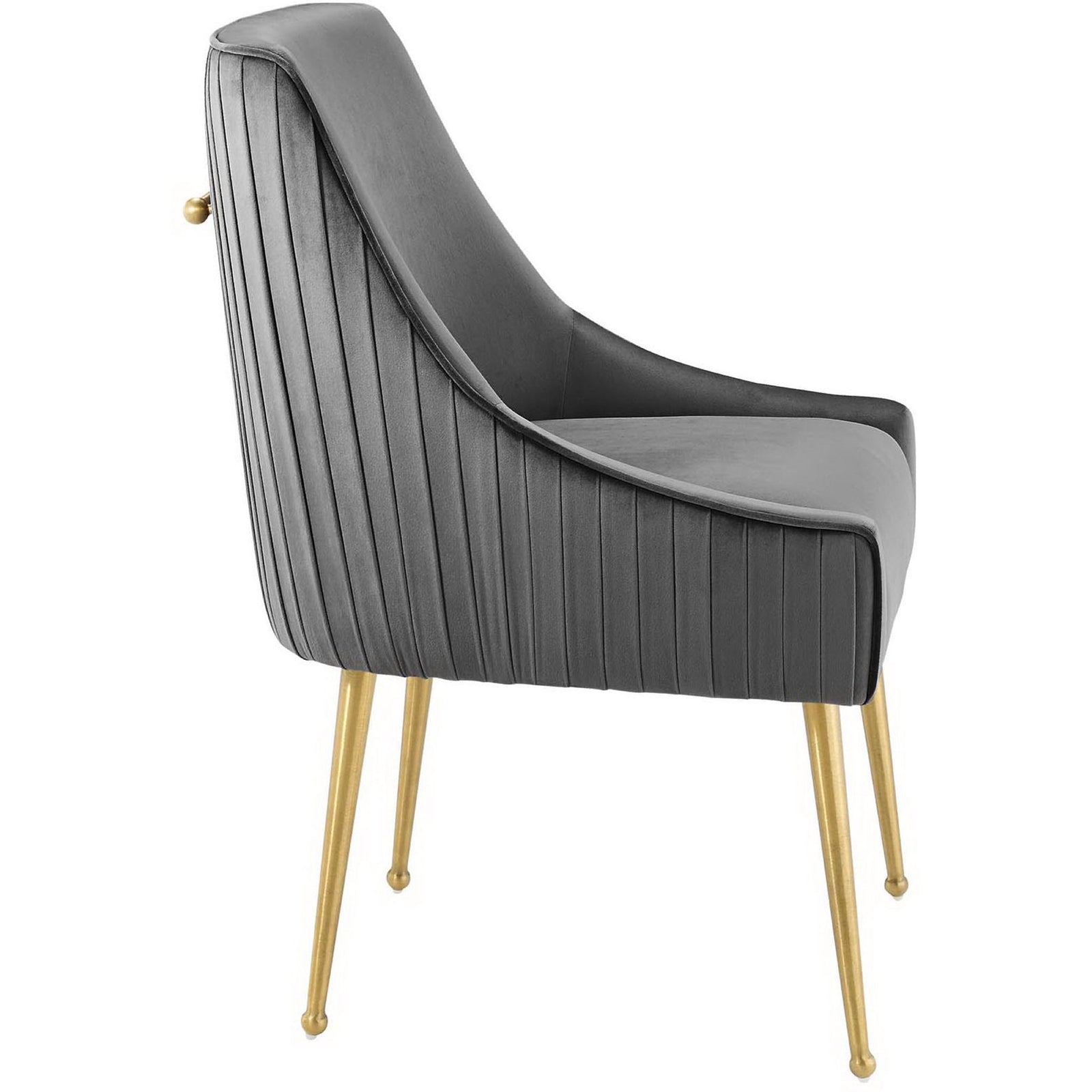 Side view of gray velvet chair showcasing slim pleated profile and gleaming gold tapered legs. || EEI-3509-GRY || side_studio
