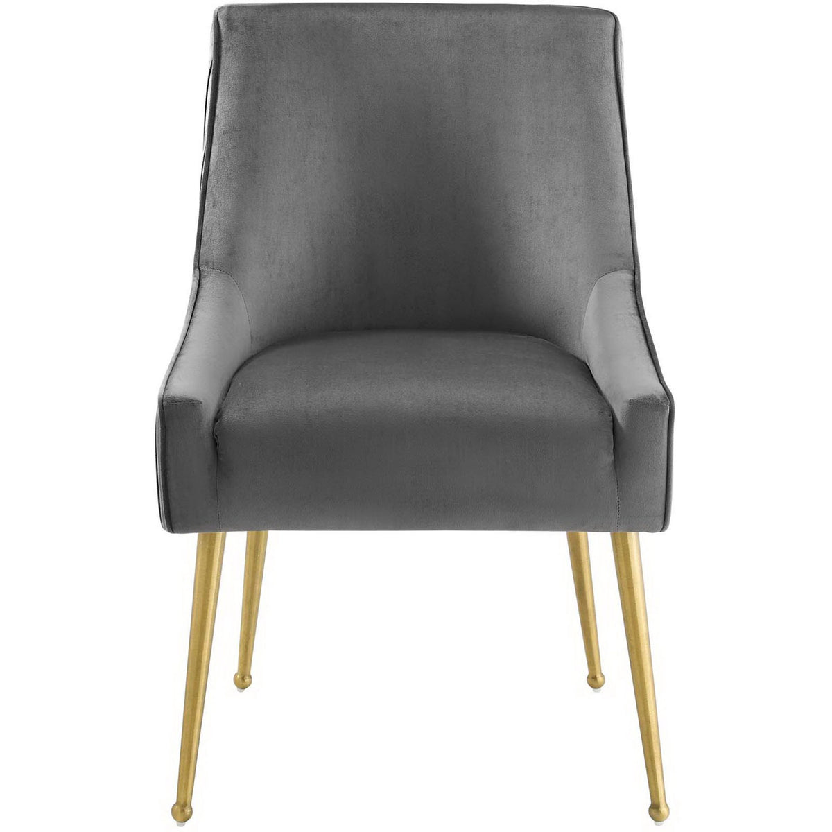 Gray velvet dining chair with sloping arms and gold tapered legs for modern, comfortable seating. || EEI-3509-GRY || front_studio