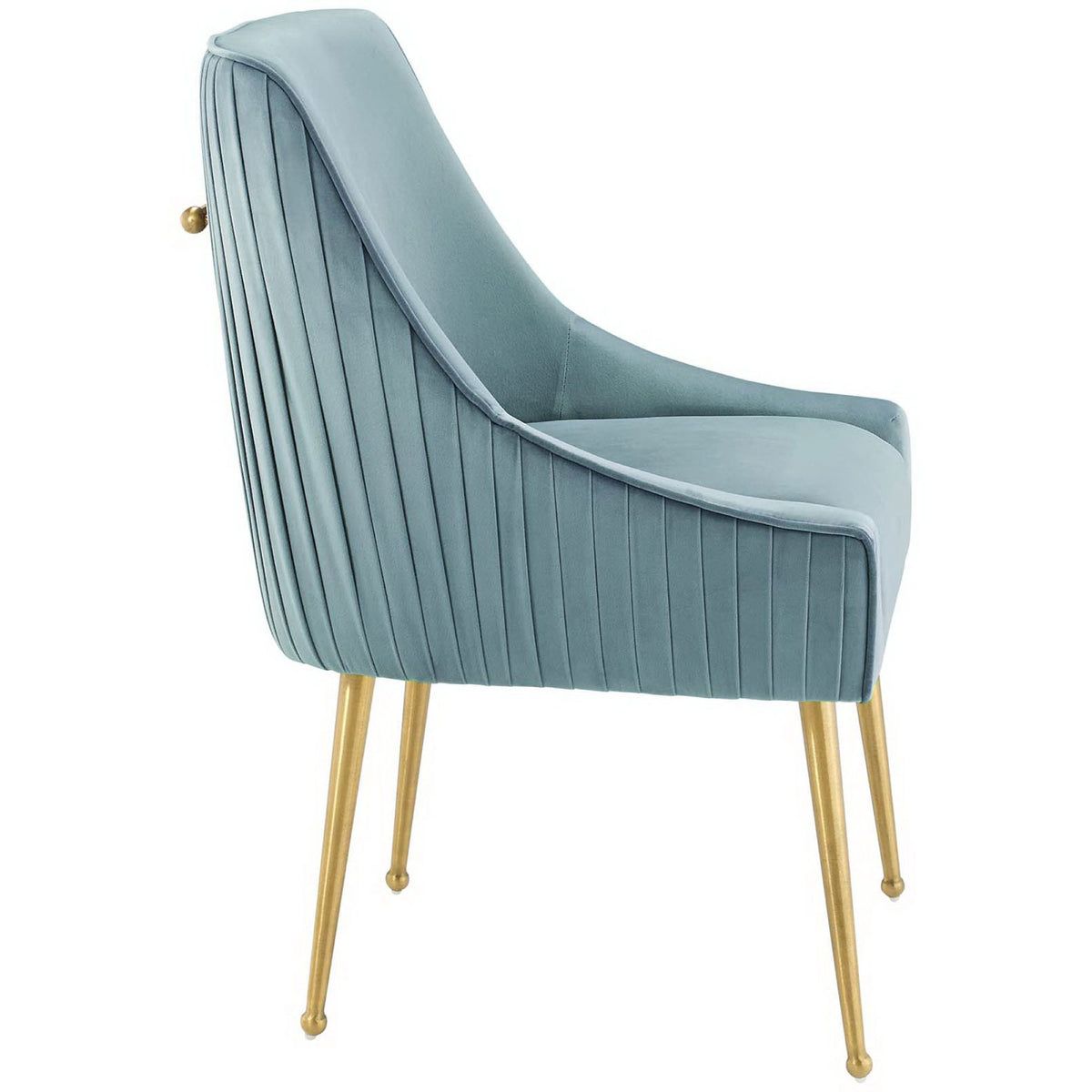 Profile view of light blue velvet chair with sloping arms and vertical pleated upholstery || EEI-3509-LBU || side_studio