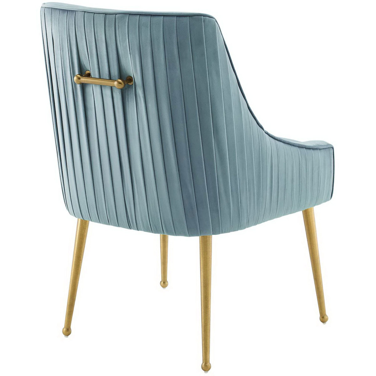 Light blue pleated back dining chair with decorative brushed gold pull handle and slim legs || EEI-3509-LBU || back_angle_studio