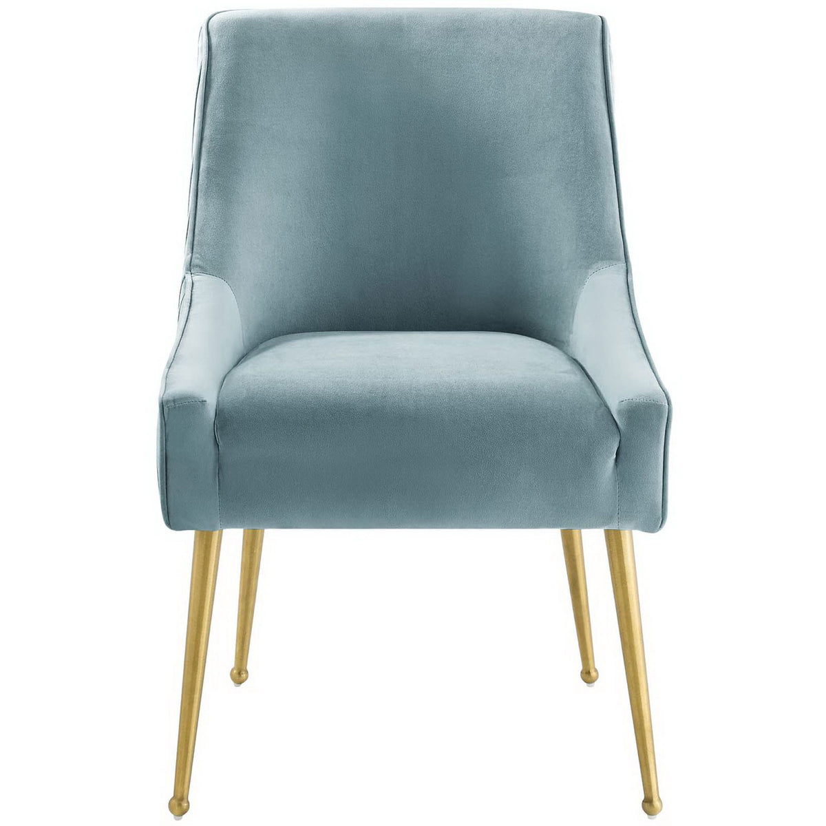 Light blue velvet dining chair with smooth seat, pleated sides, and splayed brushed gold legs || EEI-3509-LBU || front_studio